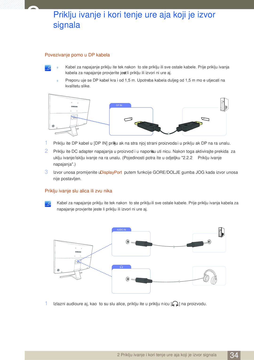 Samsung LS27D590CS/EN manual Povezivanje pomoću DP kabela, Priključivanje slušalica ili zvučnika 