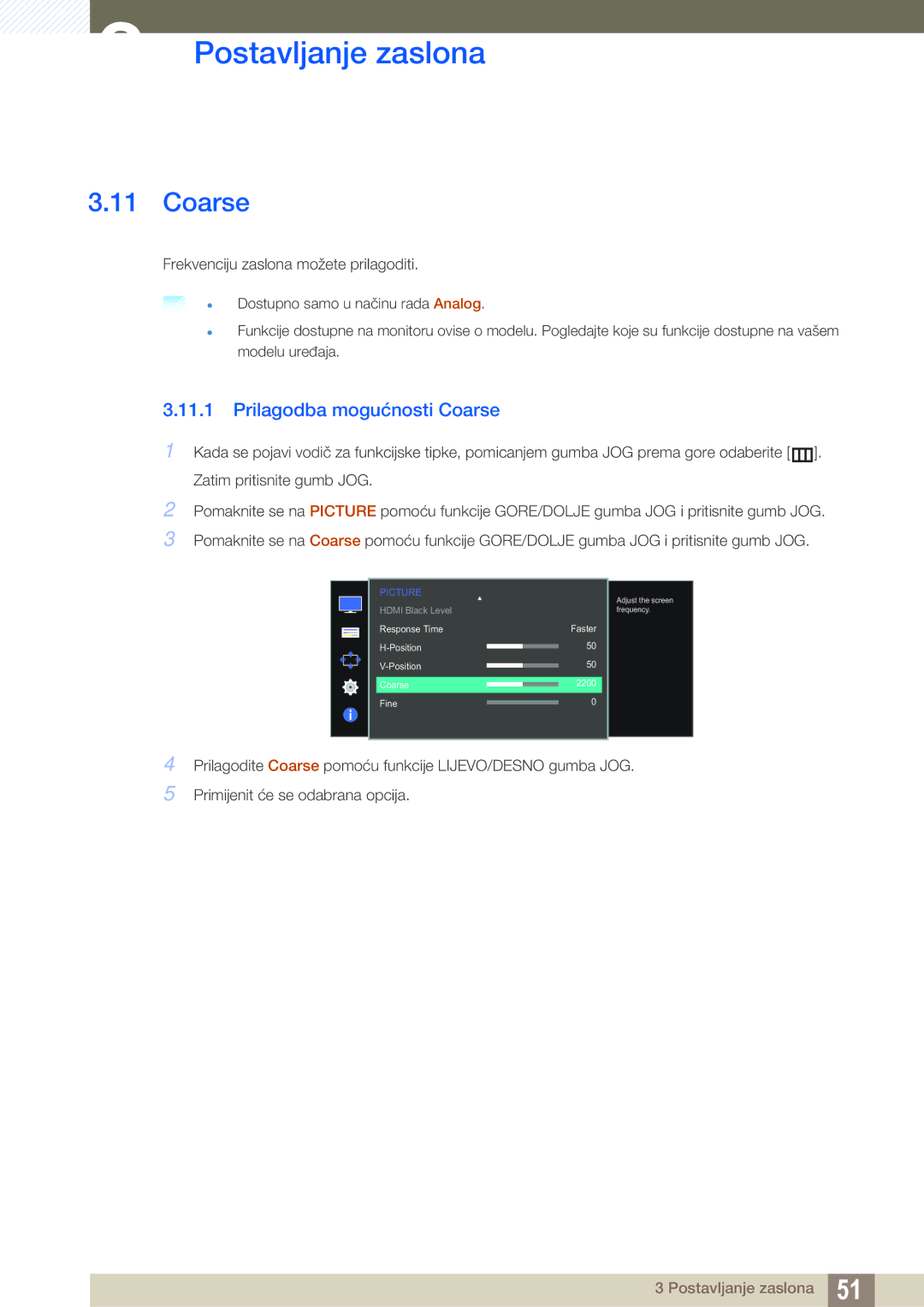 Samsung LS27D590CS/EN manual Prilagodba mogućnosti Coarse 