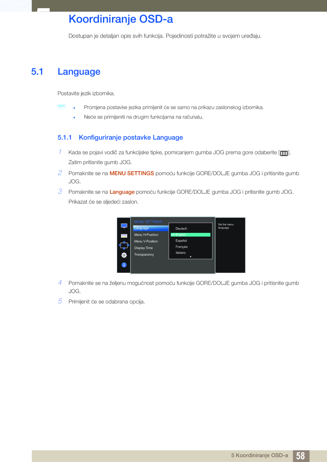 Samsung LS27D590CS/EN manual Koordiniranje OSD-a, Konfiguriranje postavke Language 