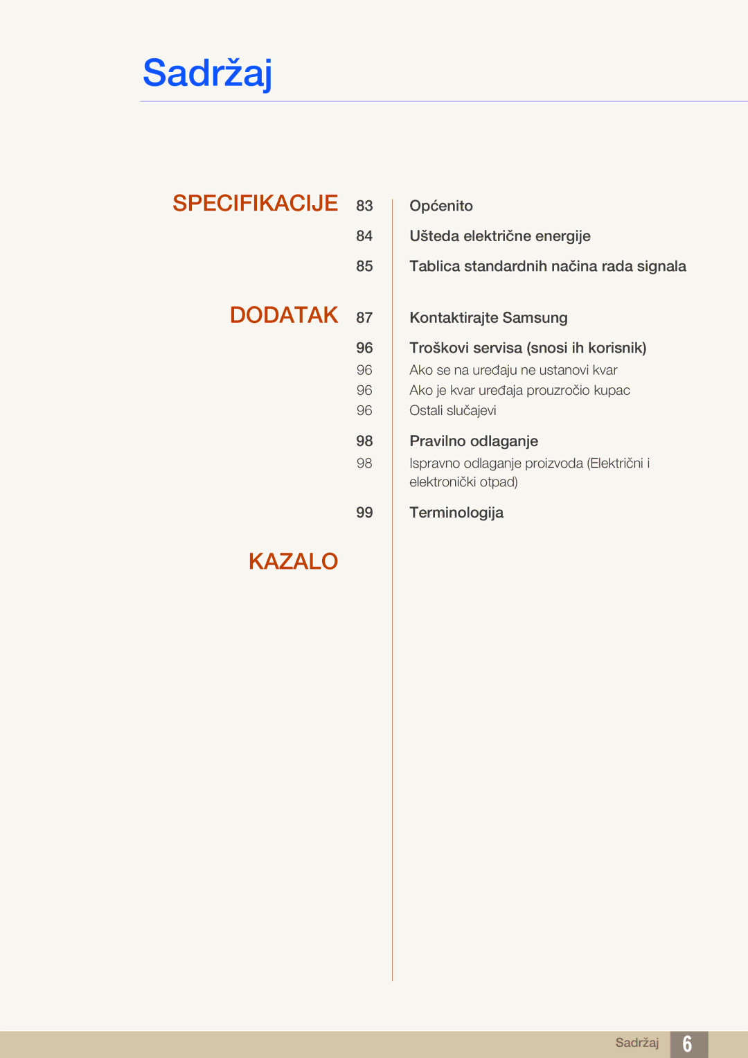 Samsung LS27D590CS/EN manual Specifikacije Dodatak Kazalo 