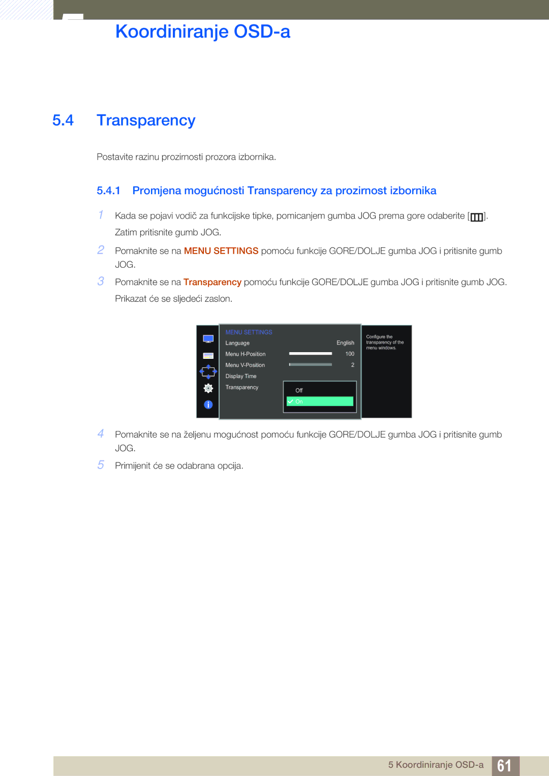 Samsung LS27D590CS/EN manual Promjena mogućnosti Transparency za prozirnost izbornika 