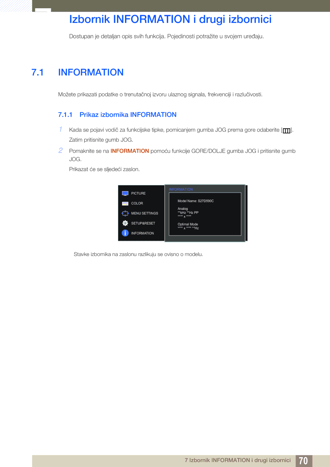 Samsung LS27D590CS/EN manual Izbornik Information i drugi izbornici, Prikaz izbornika Information 