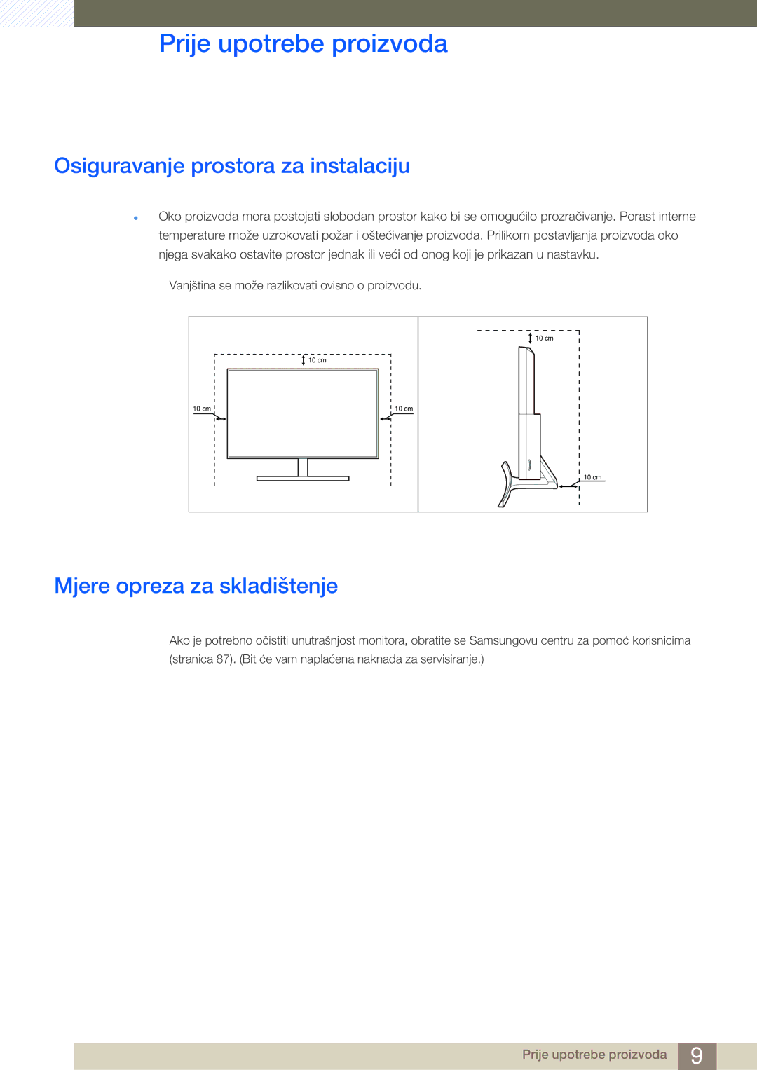 Samsung LS27D590CS/EN manual Osiguravanje prostora za instalaciju, Mjere opreza za skladištenje 