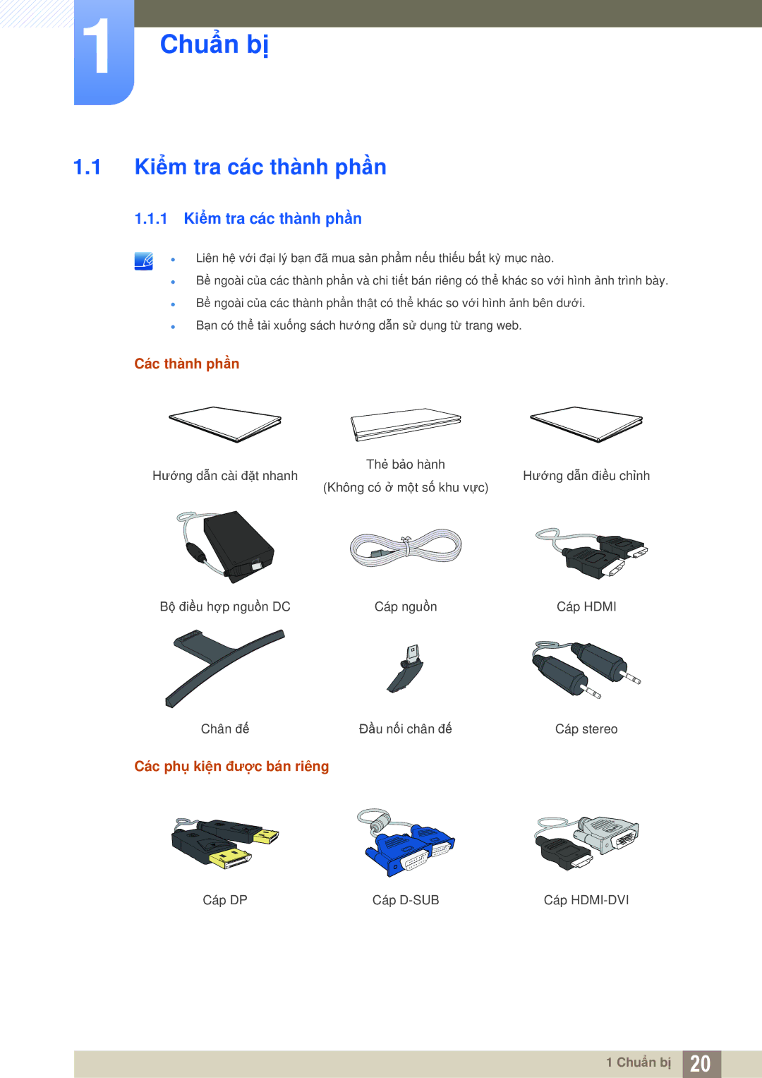 Samsung LS27D590CS/XV manual Chuẩn bị, 1 Kiểm tra các thành phần, Các thành phần, Các phụ kiện được bán riêng 