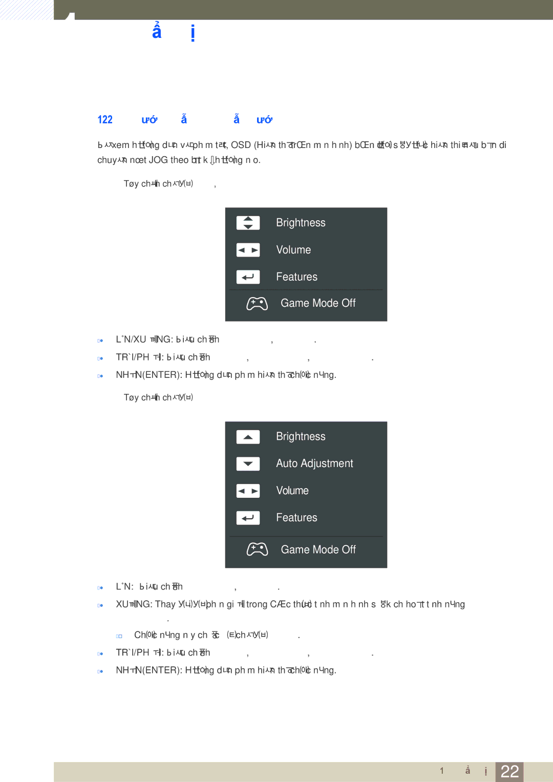 Samsung LS27D590CS/XV manual 2 Hướng dẫn phím dẫn hướng, Brightness Volume Features Game Mode Off 