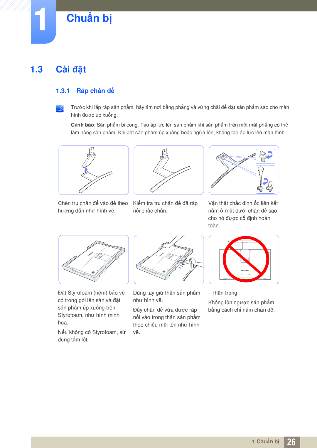 Samsung LS27D590CS/XV manual Cài đặt, 1 Ráp chân đế 