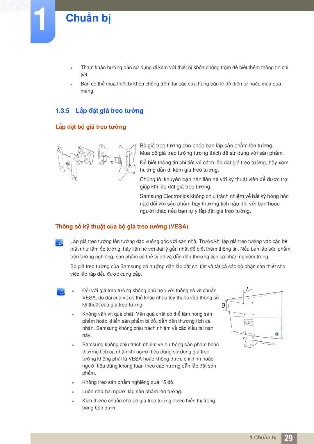 Samsung LS27D590CS/XV 5 Lắp đặt giá treo tường, Lắp đặt bộ giá treo tường, Thông số kỹ thuật của bộ giá treo tường Vesa 