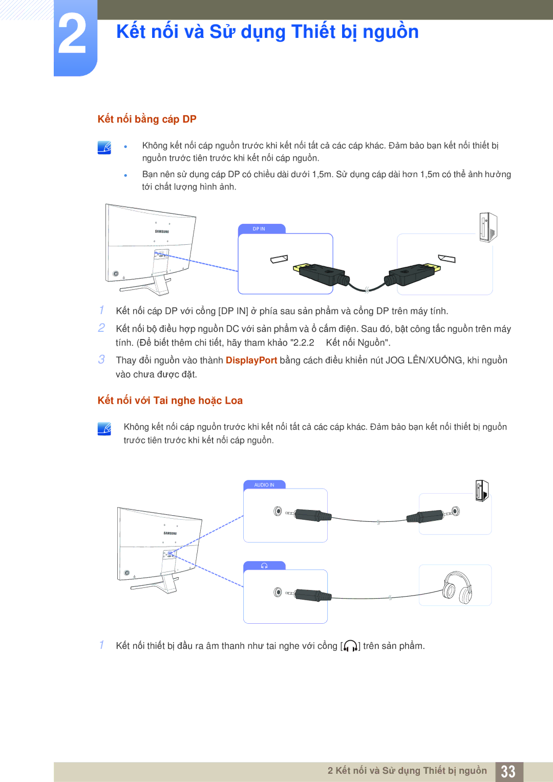 Samsung LS27D590CS/XV manual Kết nối bằng cáp DP, Kết nối với Tai nghe hoặc Loa 