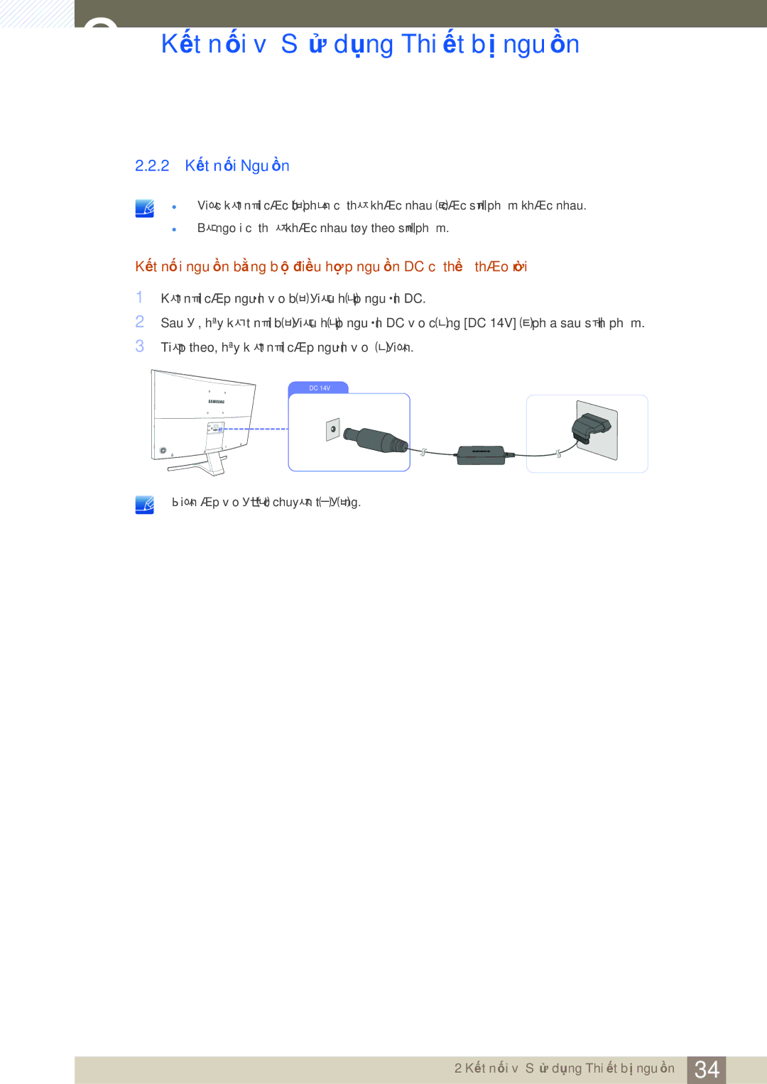 Samsung LS27D590CS/XV manual 2 Kết nối Nguồn, Kết nối nguồn bằng bộ điều hợp nguồn DC có thể tháo rời 