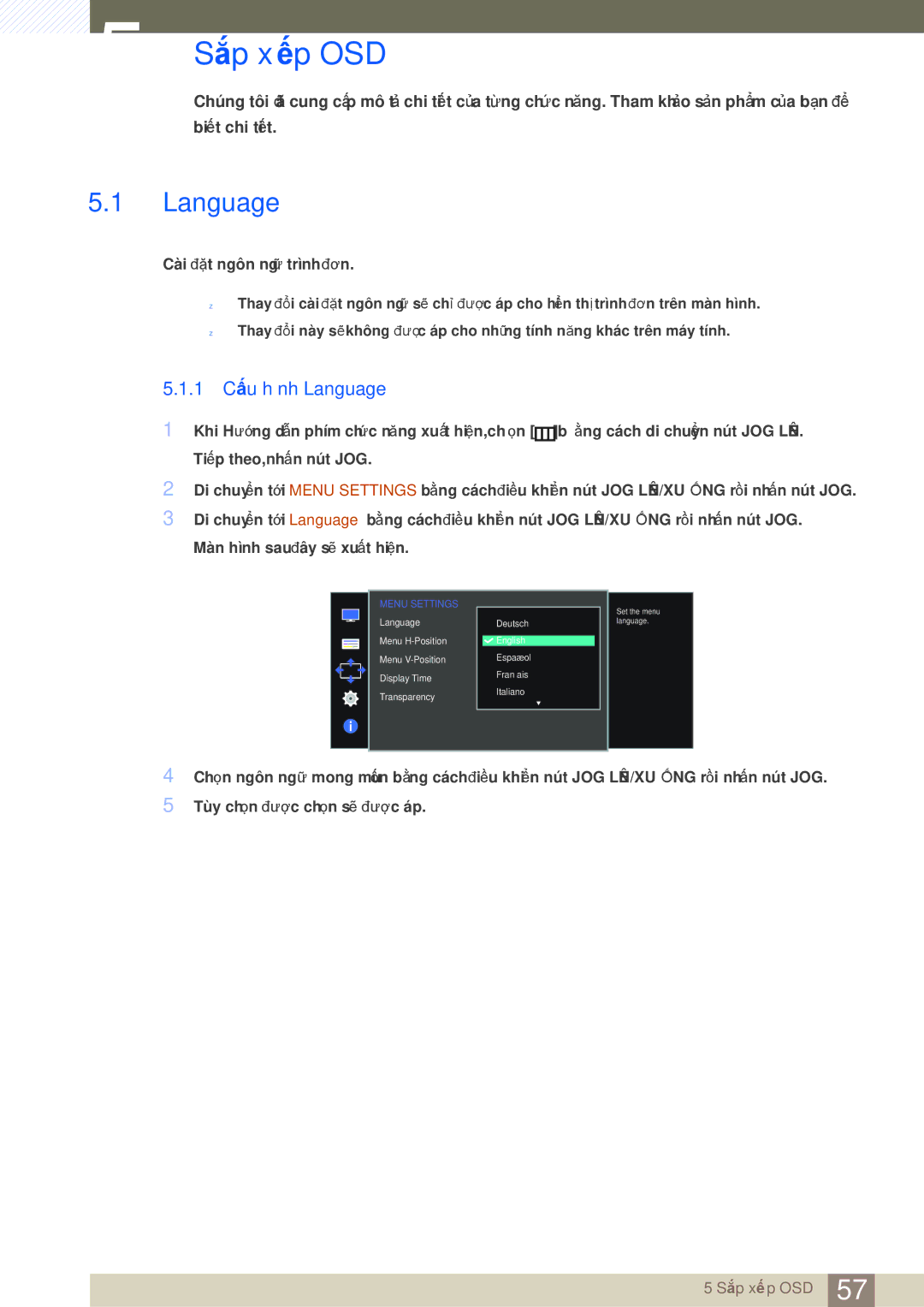 Samsung LS27D590CS/XV manual Sắp xếp OSD, 1 Cấu hình Language 