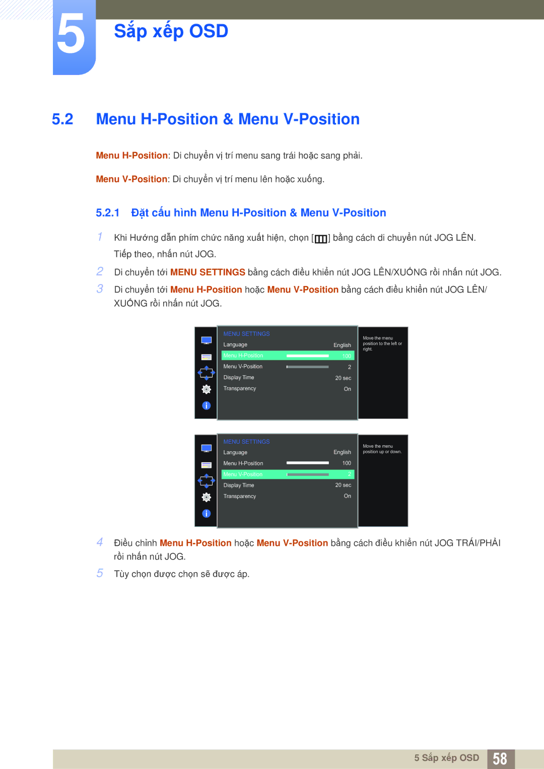 Samsung LS27D590CS/XV manual 1 Đặt cấu hình Menu H-Position & Menu V-Position 