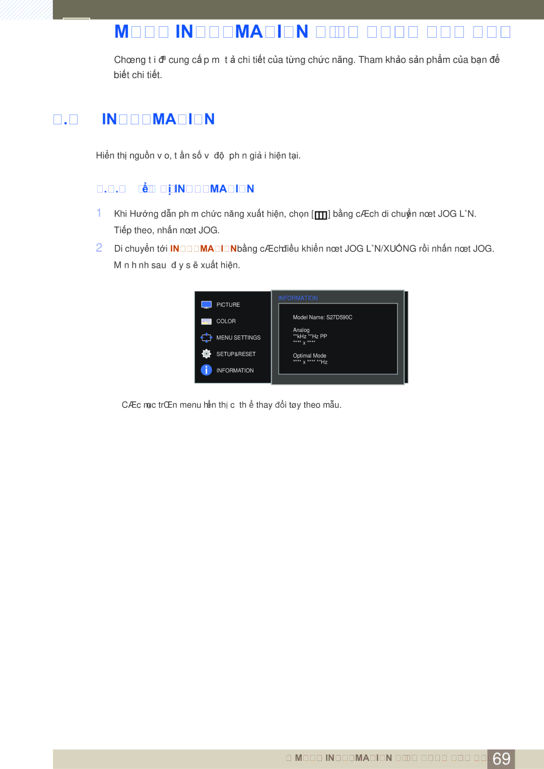 Samsung LS27D590CS/XV manual Menu Information và các thông tin khác, 1 Hiển thị Information 
