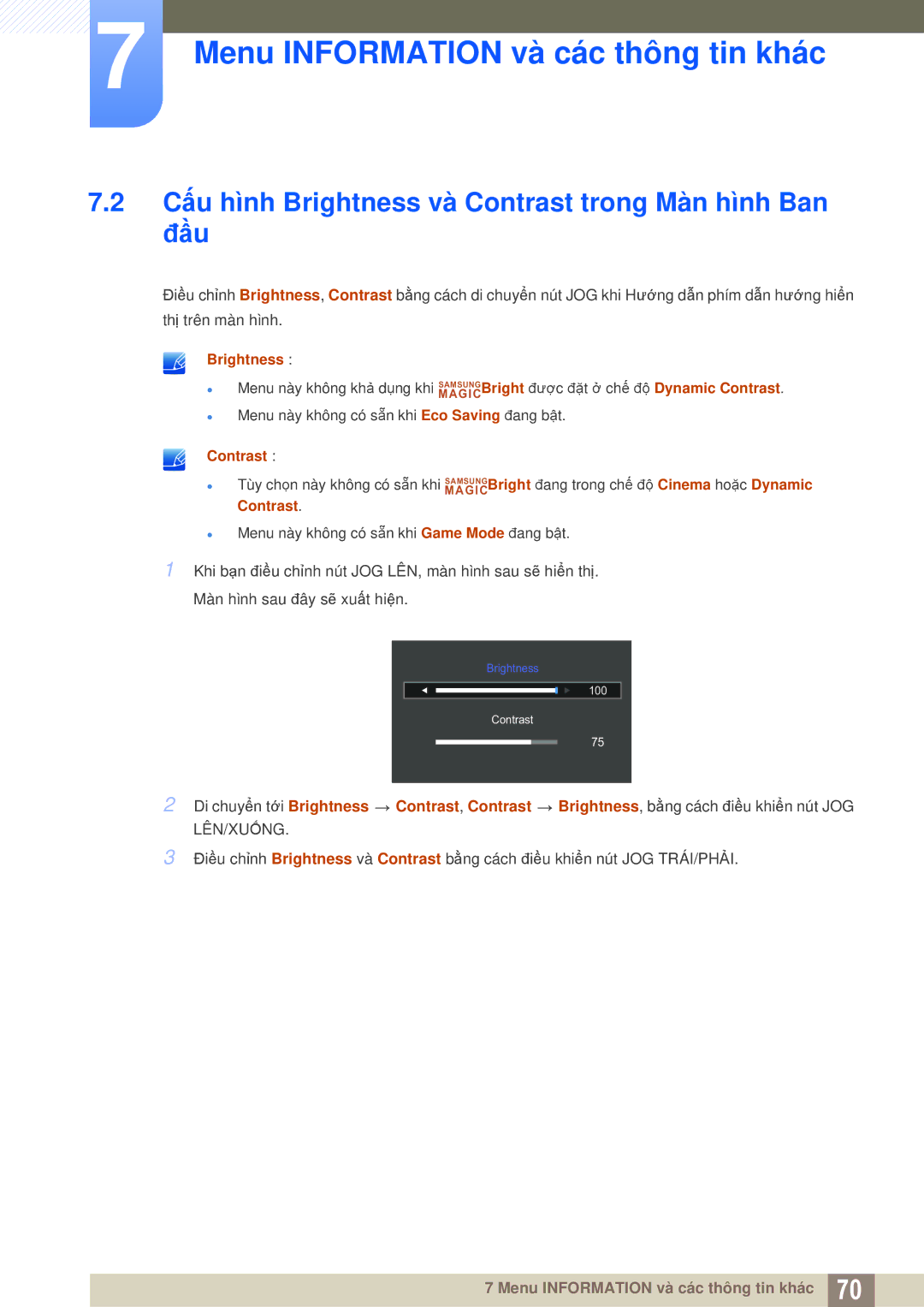 Samsung LS27D590CS/XV manual Cấu hình Brightness và Contrast trong Màn hình Ban Đầu 