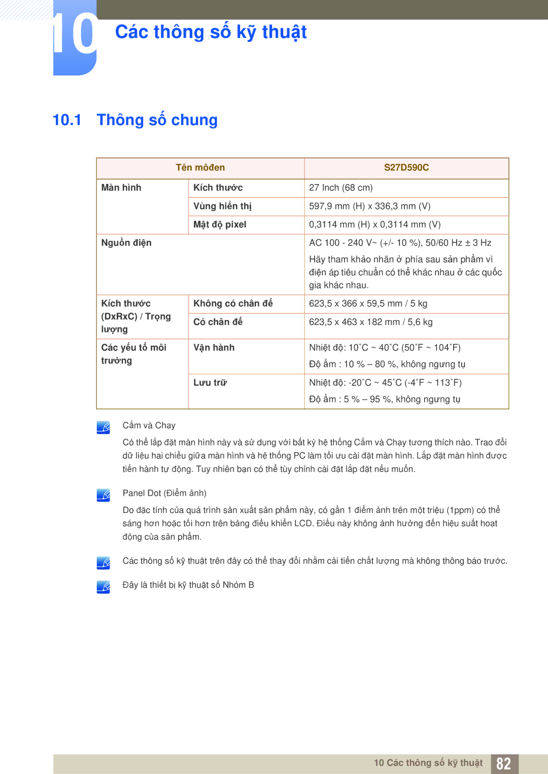 Samsung LS27D590CS/XV manual 10 Các thông số kỹ thuật, 10.1 Thông số chung 