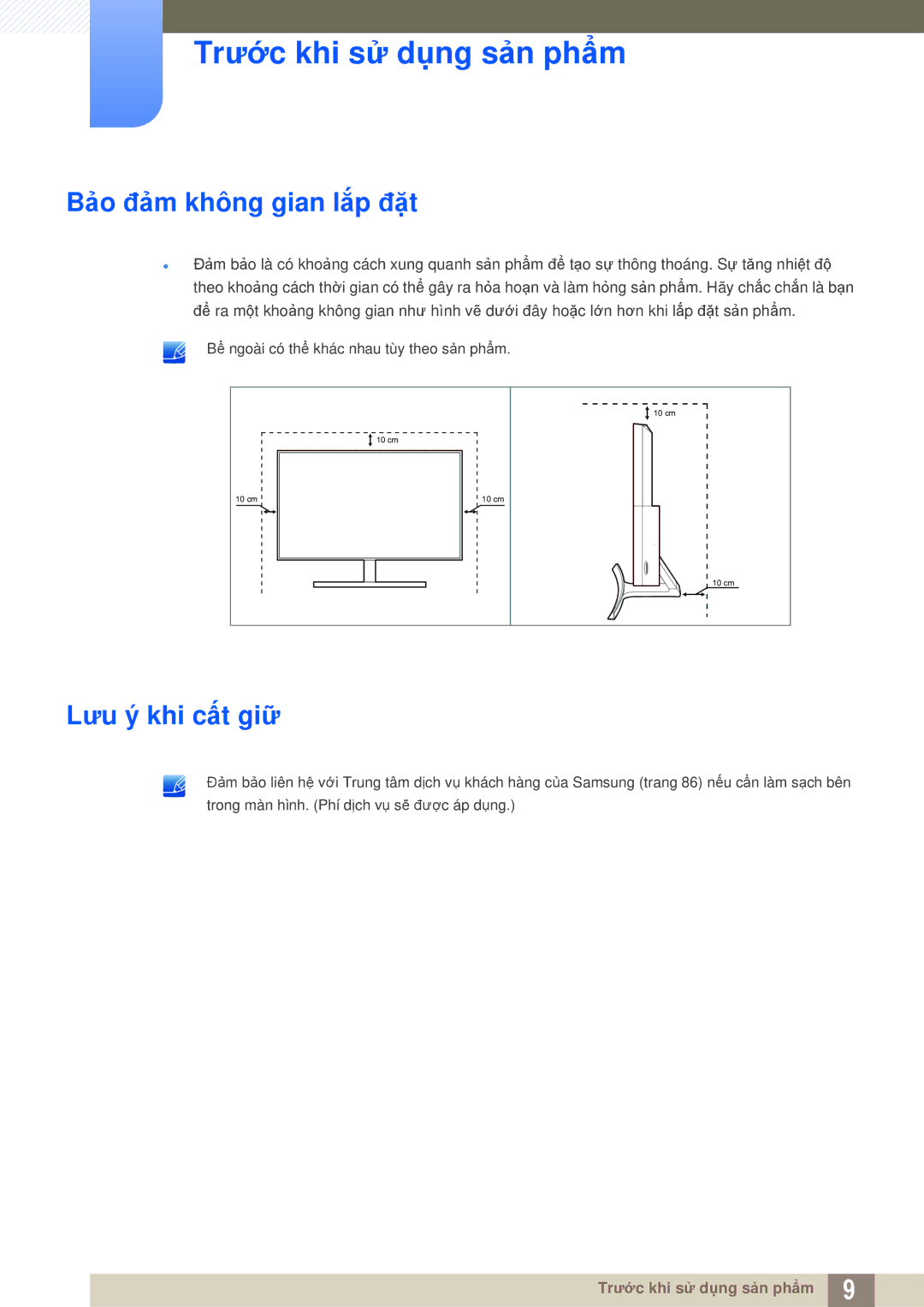 Samsung LS27D590CS/XV manual Bảo đảm không gian lắp đặt, Lưu ý khi cất giữ 