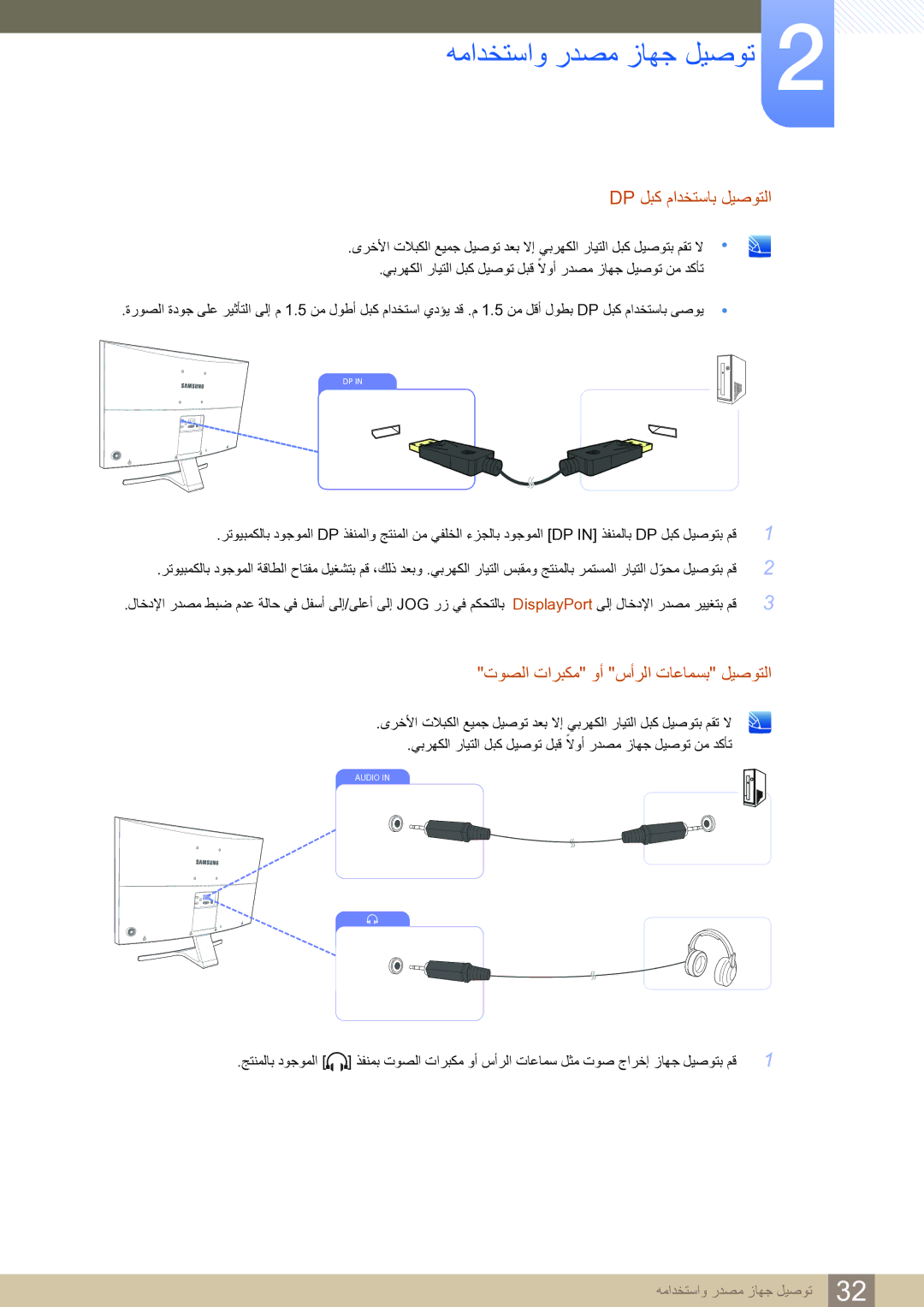 Samsung LS27D590CS/ZN manual Dp لبك مادختساب ليصوتلا, توصلا تاربكم وأ سأرلا تاعامسب ليصوتلا 