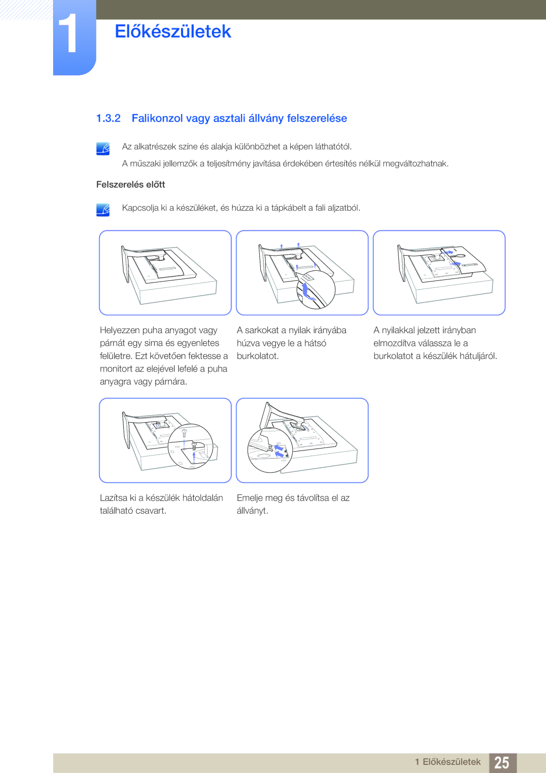 Samsung LS32D85KTSN/EN, LS27D85KTSN/EN manual Falikonzol vagy asztali állvány felszerelése 