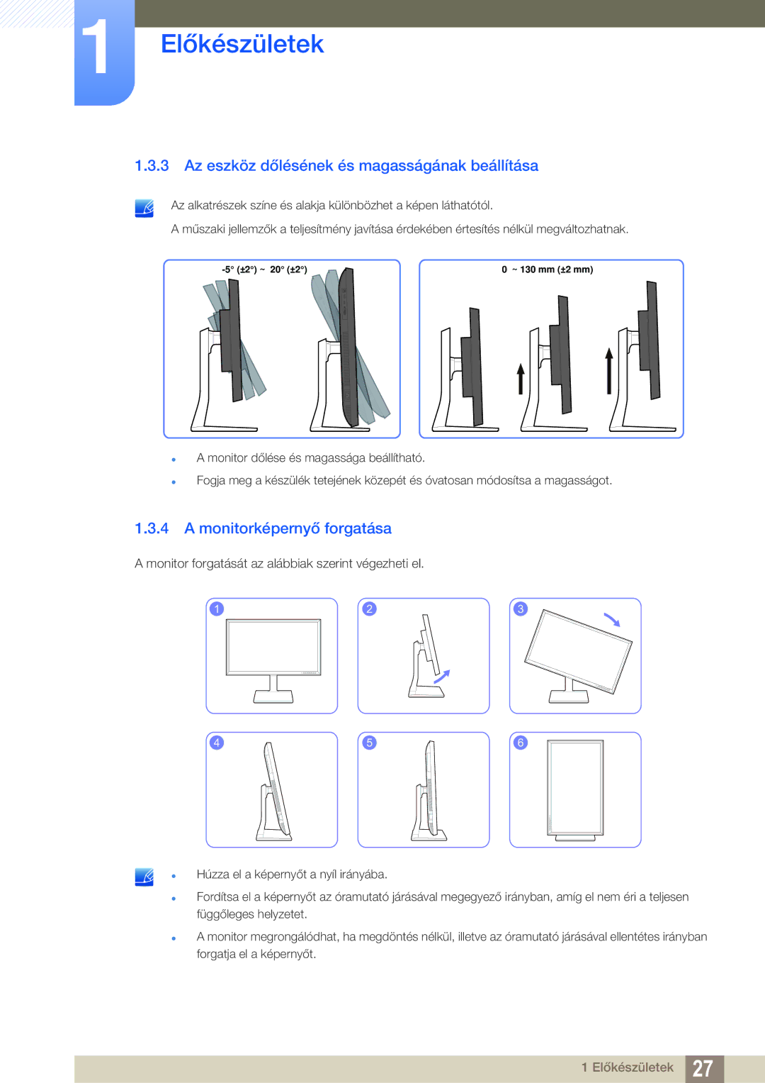 Samsung LS32D85KTSN/EN, LS27D85KTSN/EN manual Az eszköz dőlésének és magasságának beállítása, Monitorképernyő forgatása 