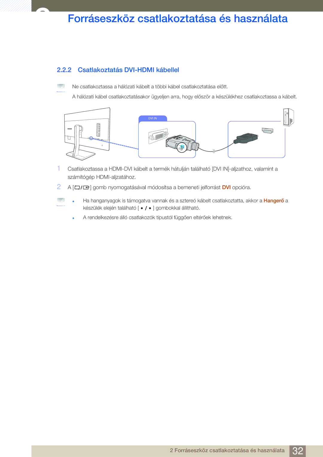 Samsung LS27D85KTSN/EN, LS32D85KTSN/EN manual Csatlakoztatás DVI-HDMI kábellel 