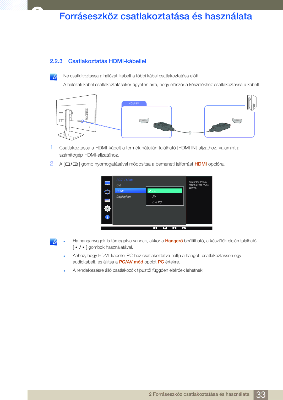 Samsung LS32D85KTSN/EN, LS27D85KTSN/EN manual Csatlakoztatás HDMI-kábellel 