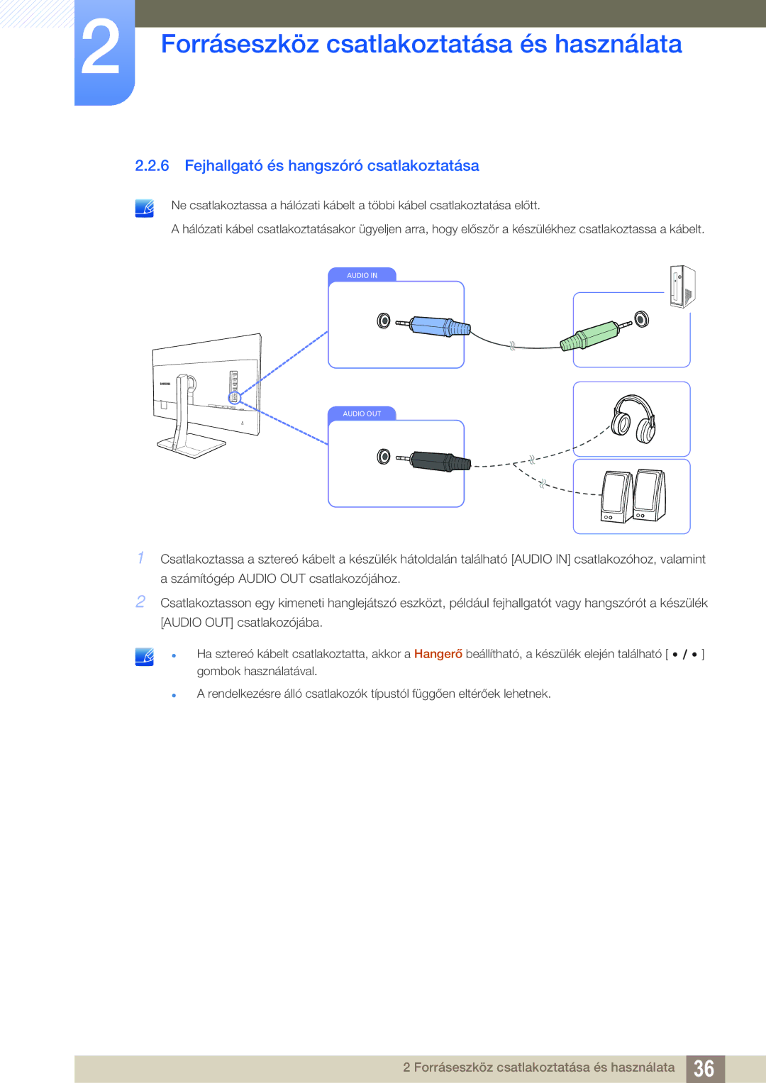 Samsung LS27D85KTSN/EN, LS32D85KTSN/EN manual Fejhallgató és hangszóró csatlakoztatása 