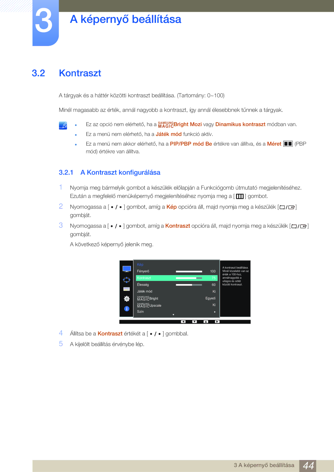 Samsung LS27D85KTSN/EN, LS32D85KTSN/EN manual Kontraszt konfigurálása 