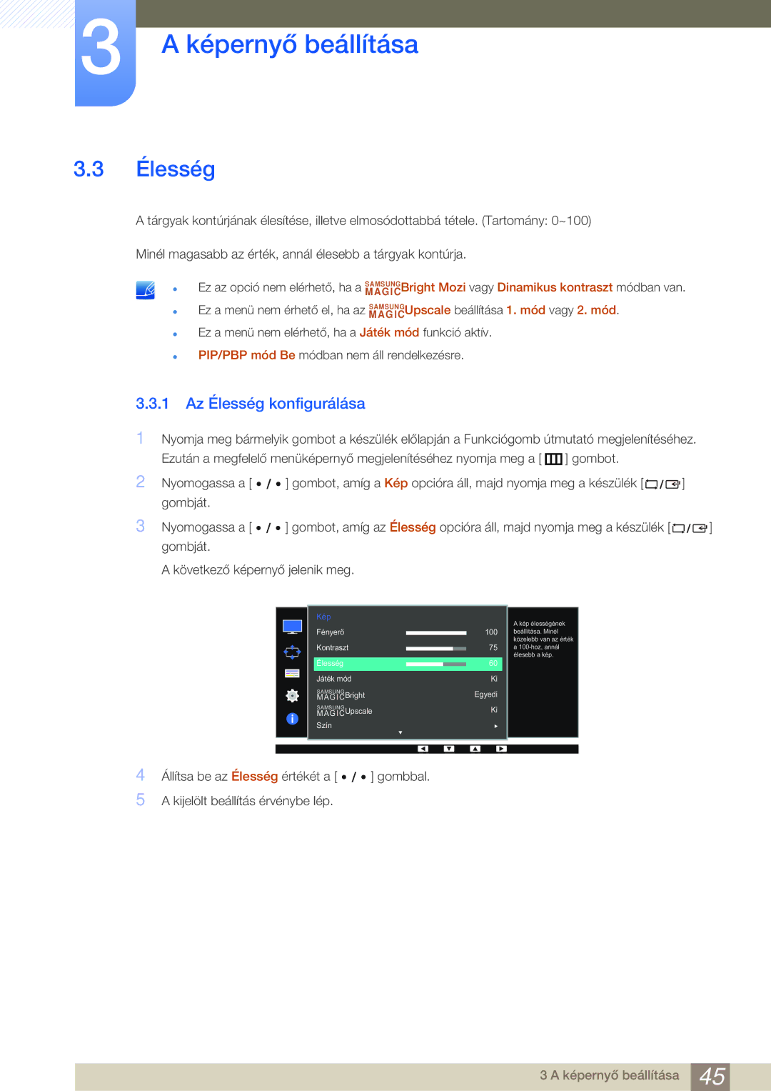 Samsung LS32D85KTSN/EN, LS27D85KTSN/EN manual 1 Az Élesség konfigurálása 