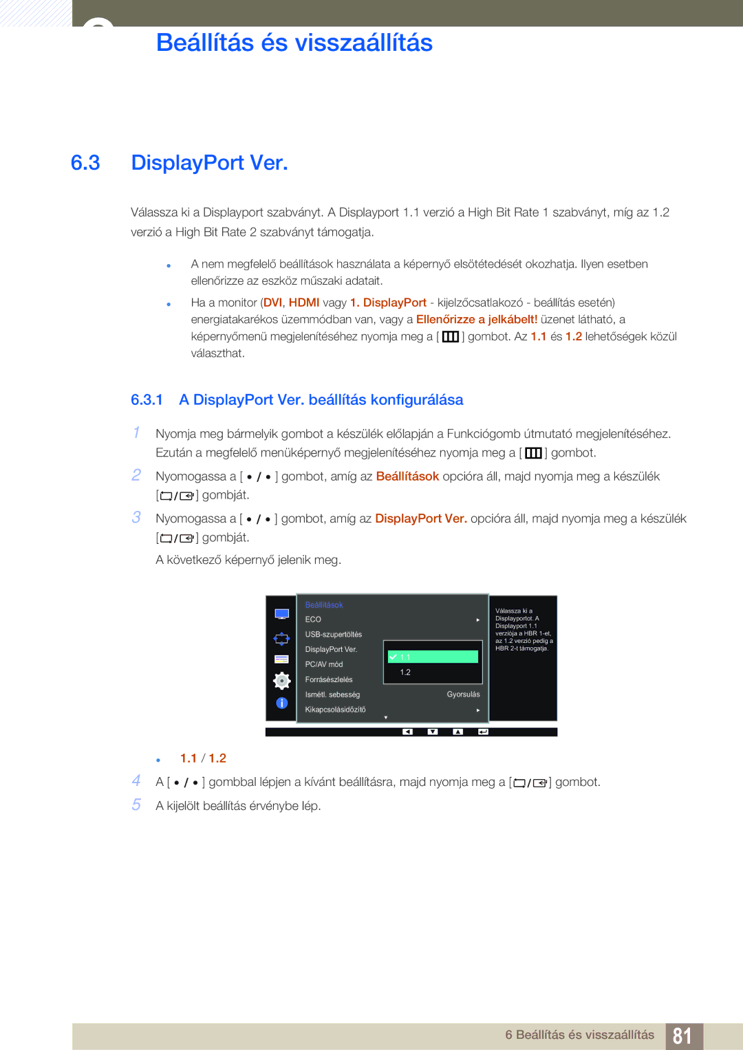 Samsung LS32D85KTSN/EN, LS27D85KTSN/EN manual DisplayPort Ver. beállítás konfigurálása 