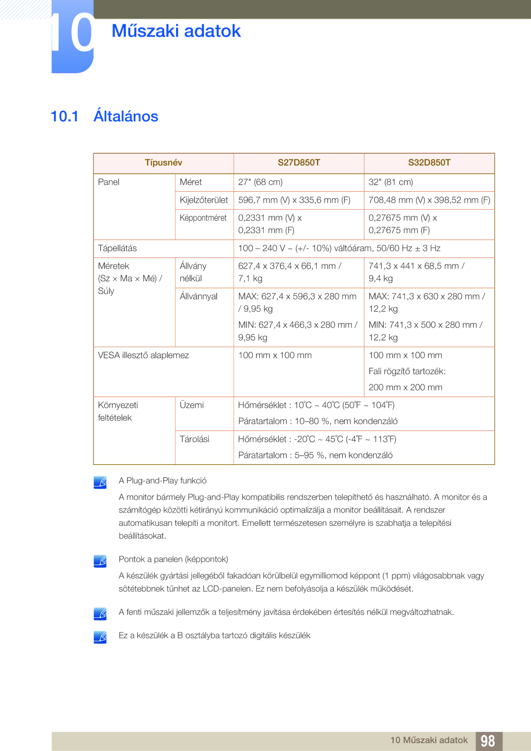 Samsung LS27D85KTSN/EN, LS32D85KTSN/EN manual 10 Műszaki adatok, 10.1 Általános 