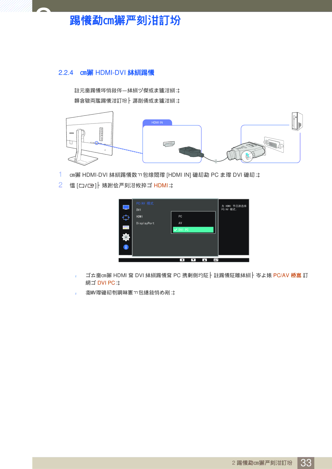 Samsung LS32D85KTSN/EN, LS27D85KTSN/EN manual 4 使用 HDMI-DVI 缆线连接 