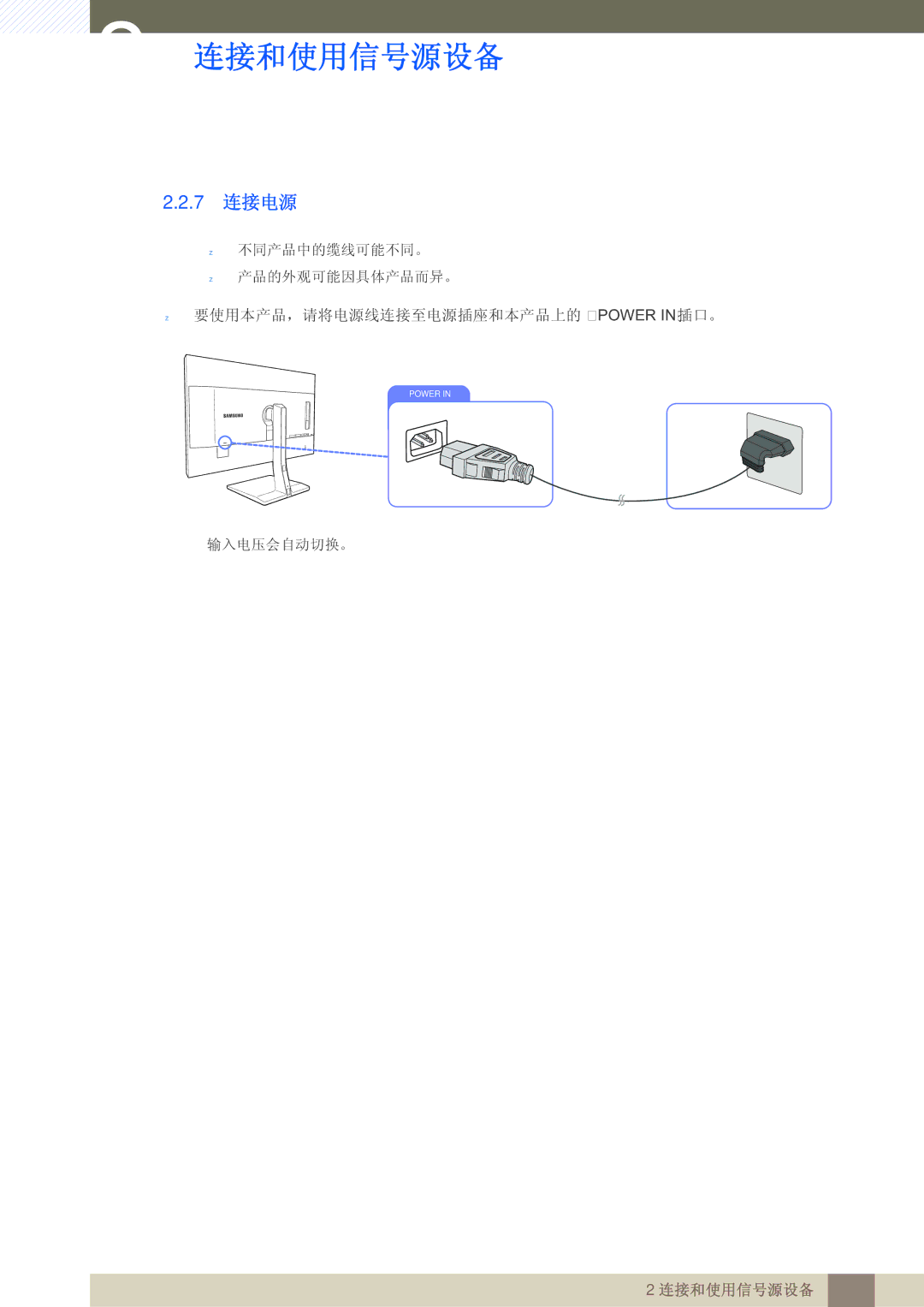 Samsung LS27D85KTSN/EN, LS32D85KTSN/EN manual 7 连接电源 