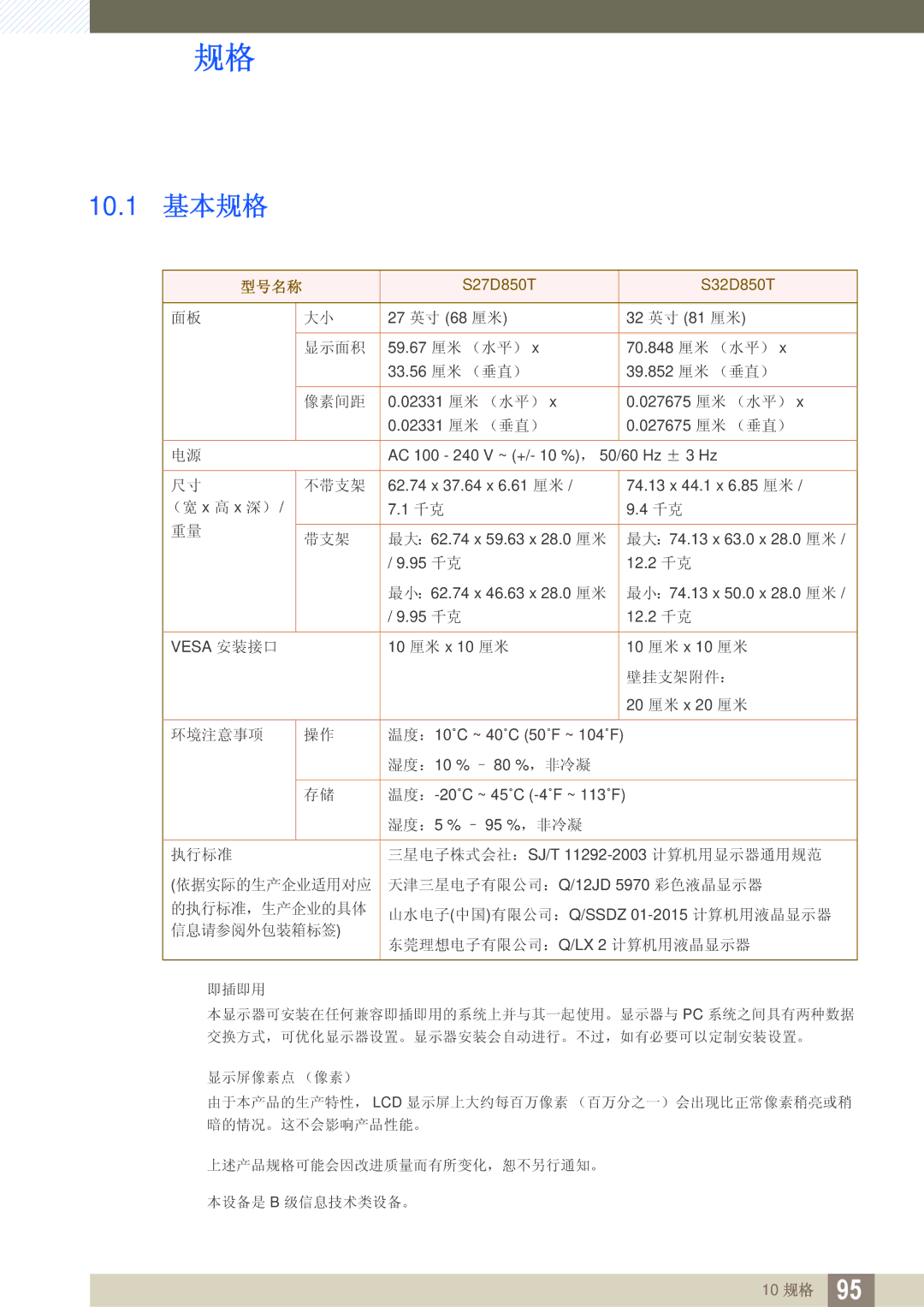 Samsung LS32D85KTSN/EN, LS27D85KTSN/EN manual 10 规格 