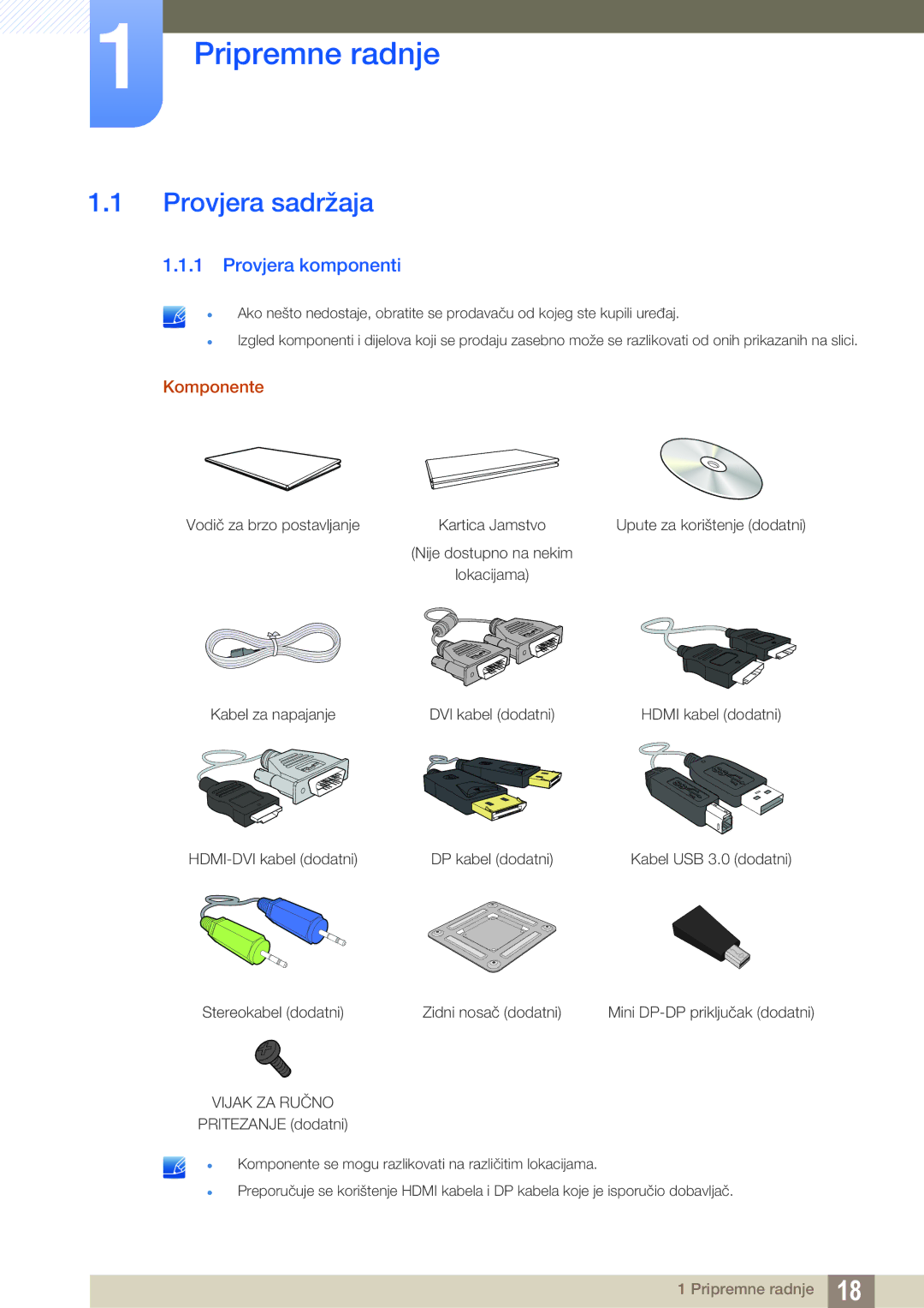 Samsung LS27D85KTSN/EN, LS32D85KTSN/EN manual Pripremne radnje, Provjera sadržaja, Provjera komponenti, Komponente 