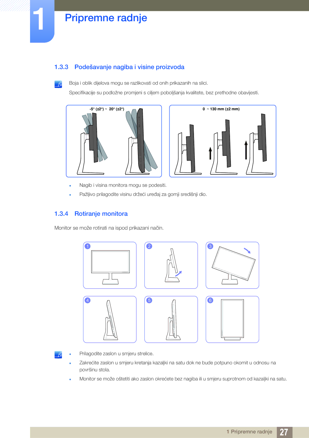 Samsung LS32D85KTSN/EN, LS27D85KTSN/EN manual Podešavanje nagiba i visine proizvoda, Rotiranje monitora 