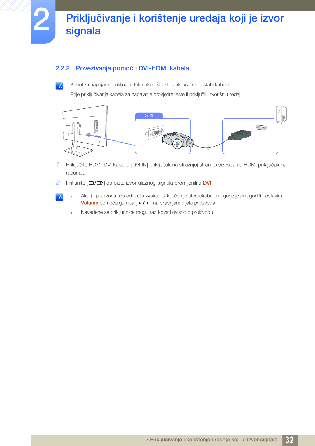 Samsung LS27D85KTSN/EN, LS32D85KTSN/EN manual Povezivanje pomoću DVI-HDMI kabela 