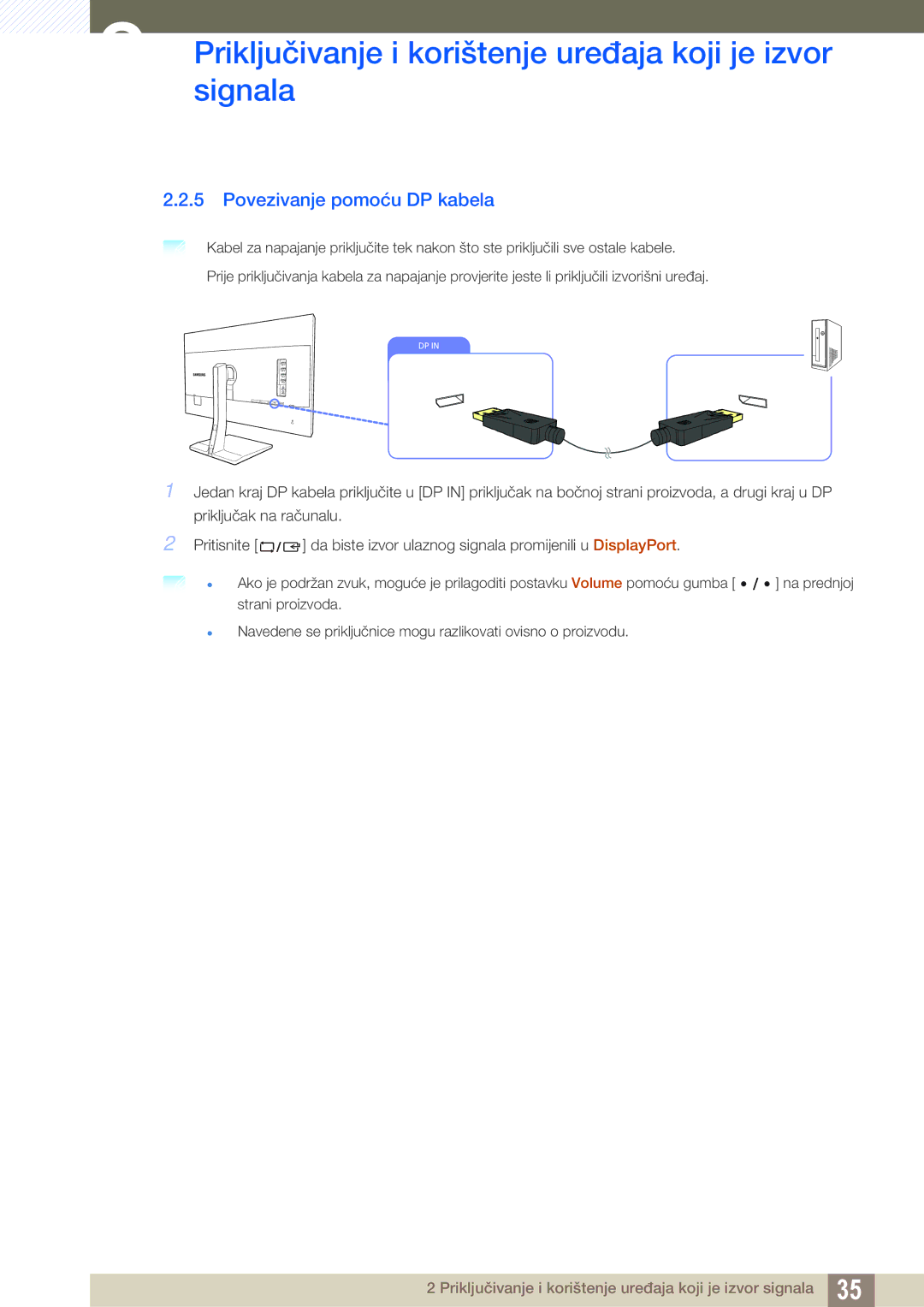 Samsung LS32D85KTSN/EN, LS27D85KTSN/EN manual Povezivanje pomoću DP kabela 