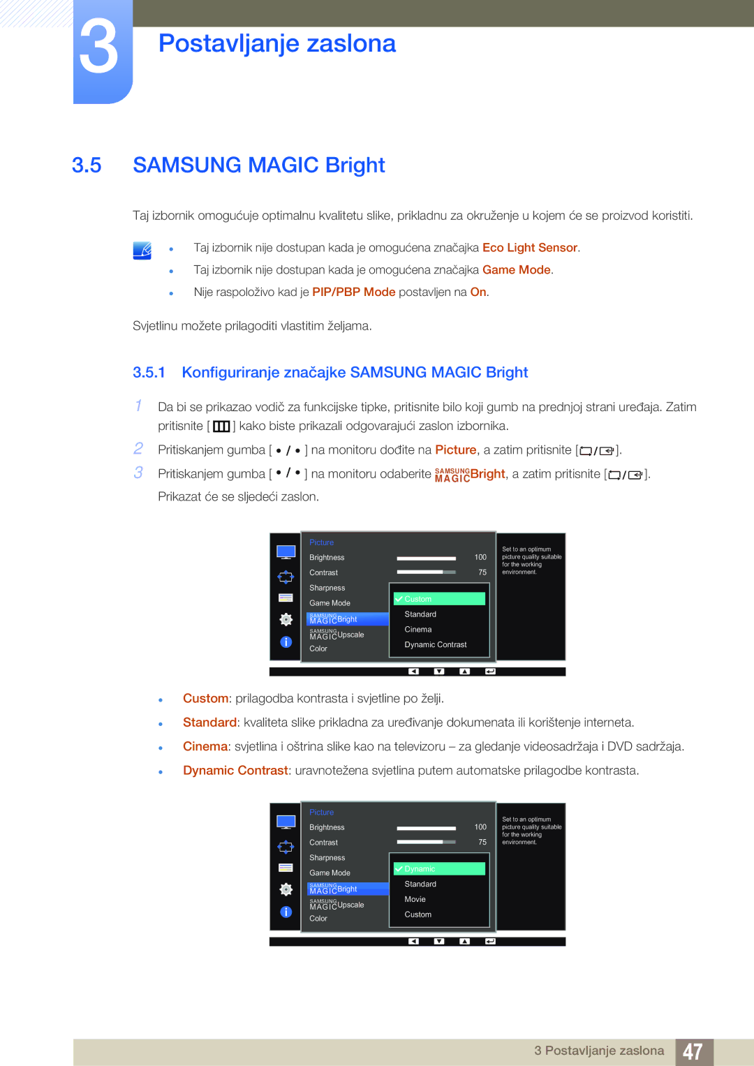 Samsung LS32D85KTSN/EN, LS27D85KTSN/EN manual Konfiguriranje značajke Samsung Magic Bright 