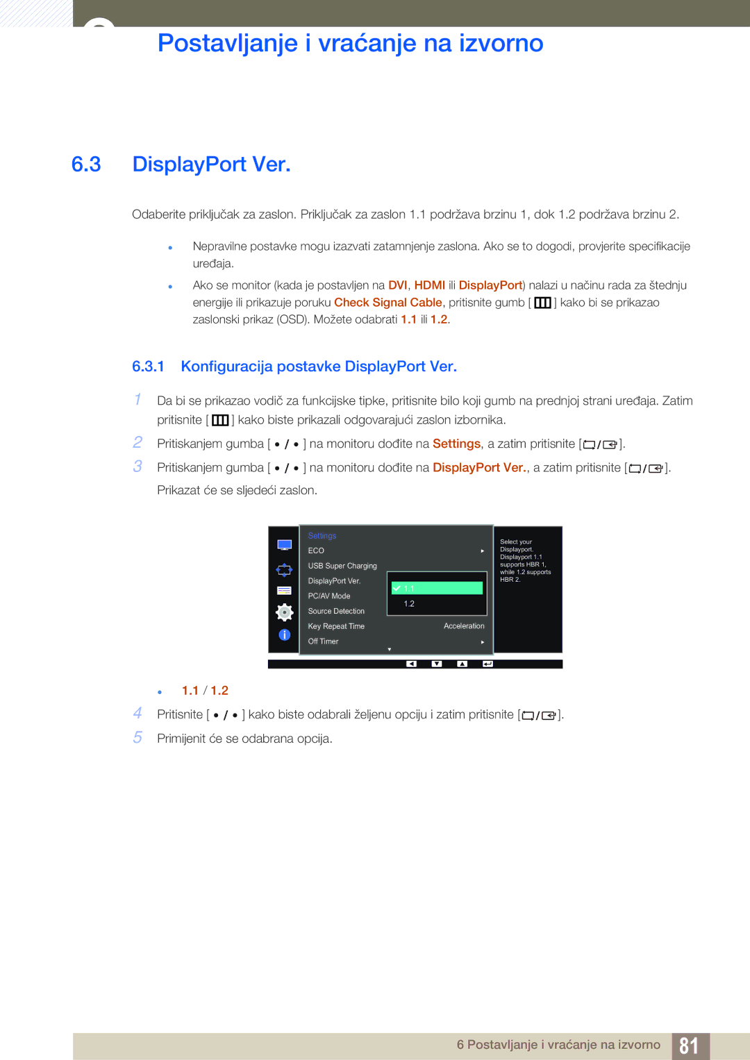 Samsung LS32D85KTSN/EN, LS27D85KTSN/EN manual Konfiguracija postavke DisplayPort Ver 