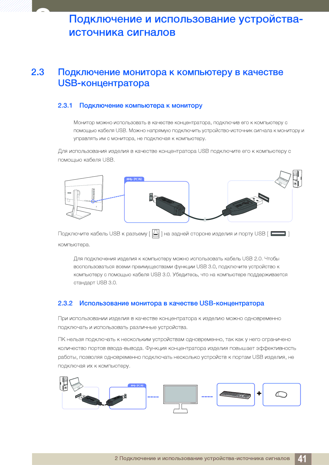 Samsung LS32D85KTSR/EN manual 1 Подключение компьютера к монитору, 2 Использование монитора в качестве USB-концентратора 