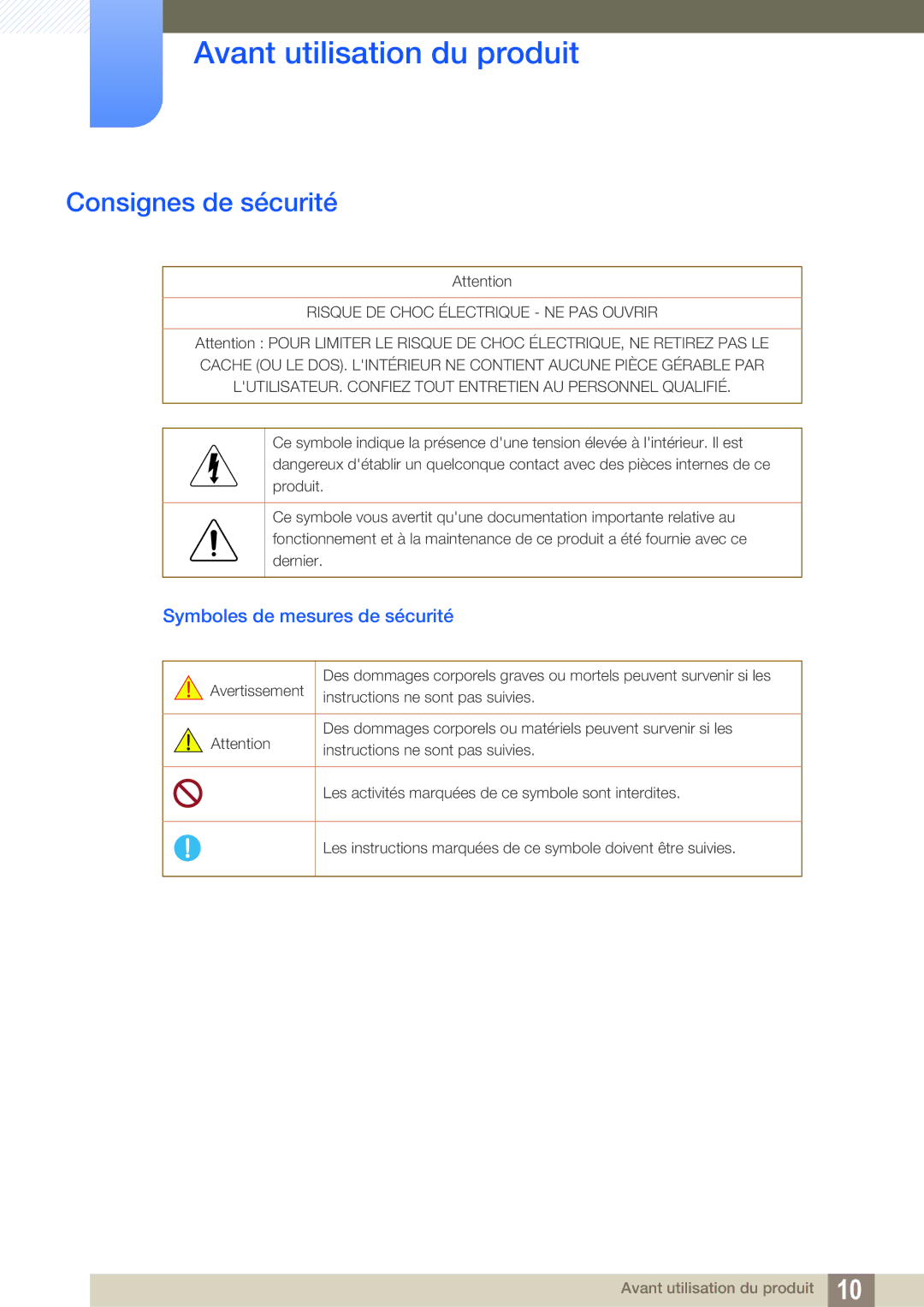 Samsung LS32D85KTSR/EN, LS27D85KTSN/EN, LS32D85KTSN/EN manual Consignes de sécurité, Symboles de mesures de sécurité 