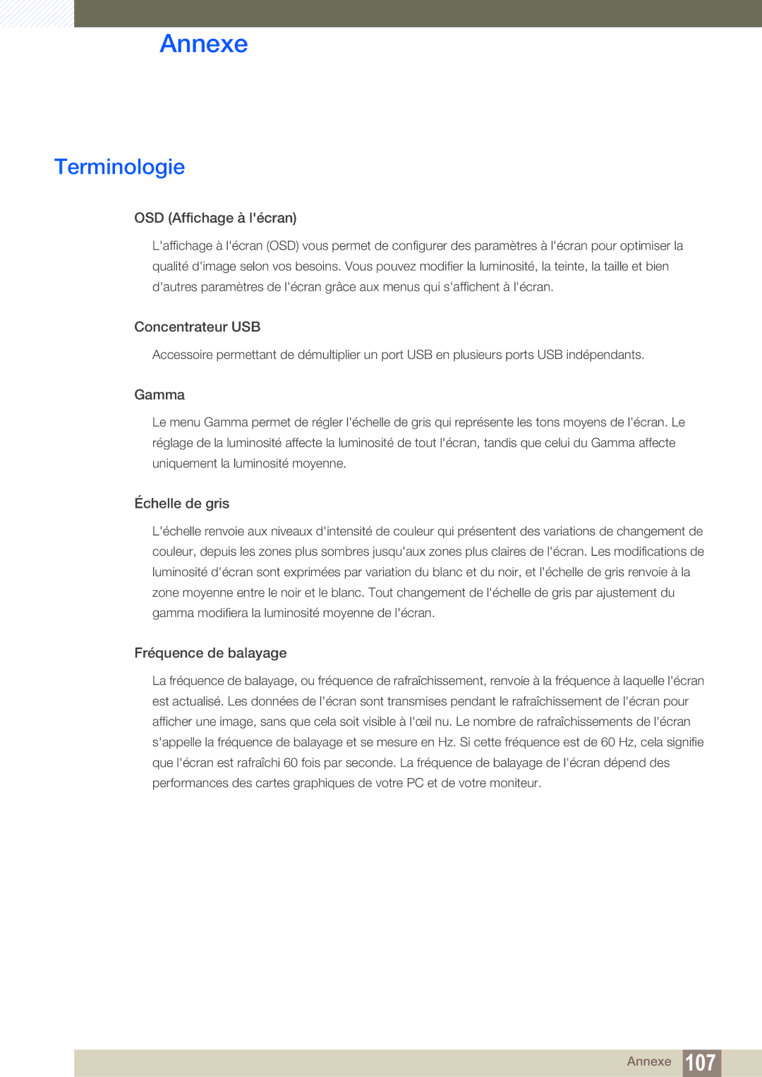 Samsung LS32D85KTSN/EN, LS27D85KTSN/EN, LS32D85KTSR/EN manual Terminologie, OSD Affichage à lécran 