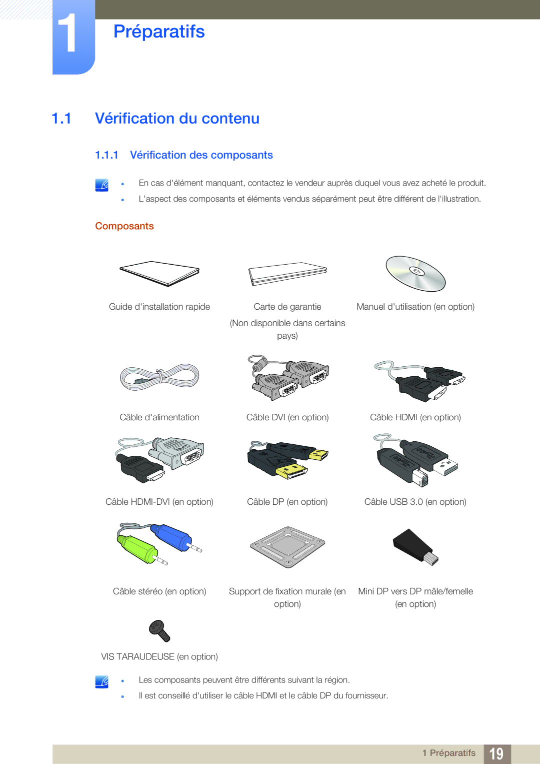 Samsung LS32D85KTSR/EN, LS27D85KTSN/EN, LS32D85KTSN/EN Préparatifs, Vérification du contenu, 1 Vérification des composants 