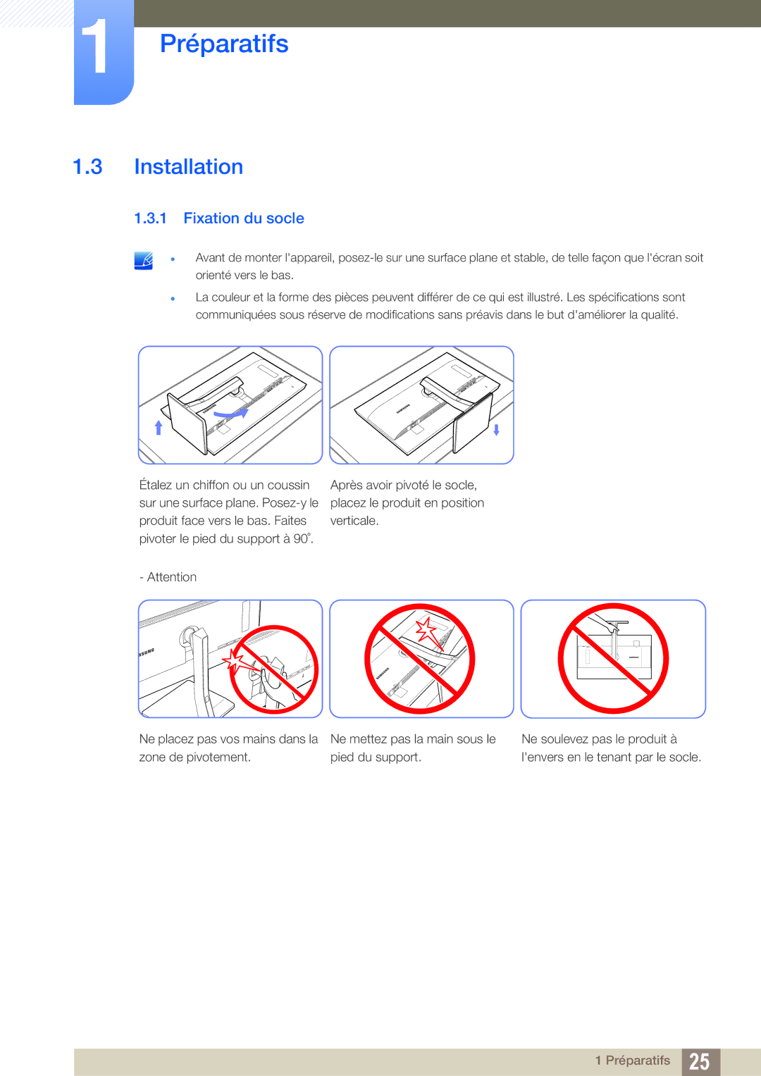 Samsung LS32D85KTSR/EN, LS27D85KTSN/EN, LS32D85KTSN/EN manual Installation, Fixation du socle 