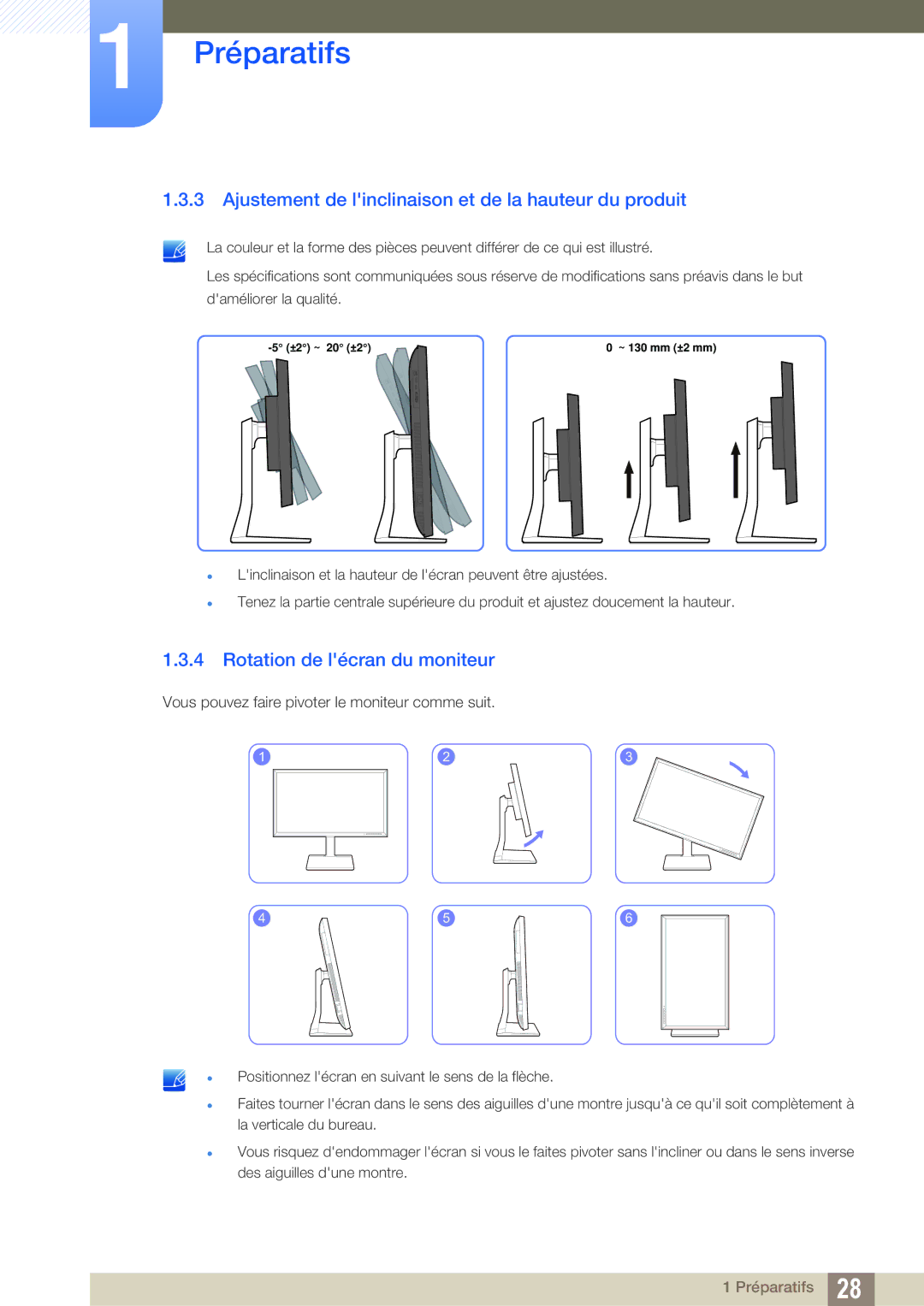 Samsung LS32D85KTSR/EN manual Ajustement de linclinaison et de la hauteur du produit, Rotation de lécran du moniteur 