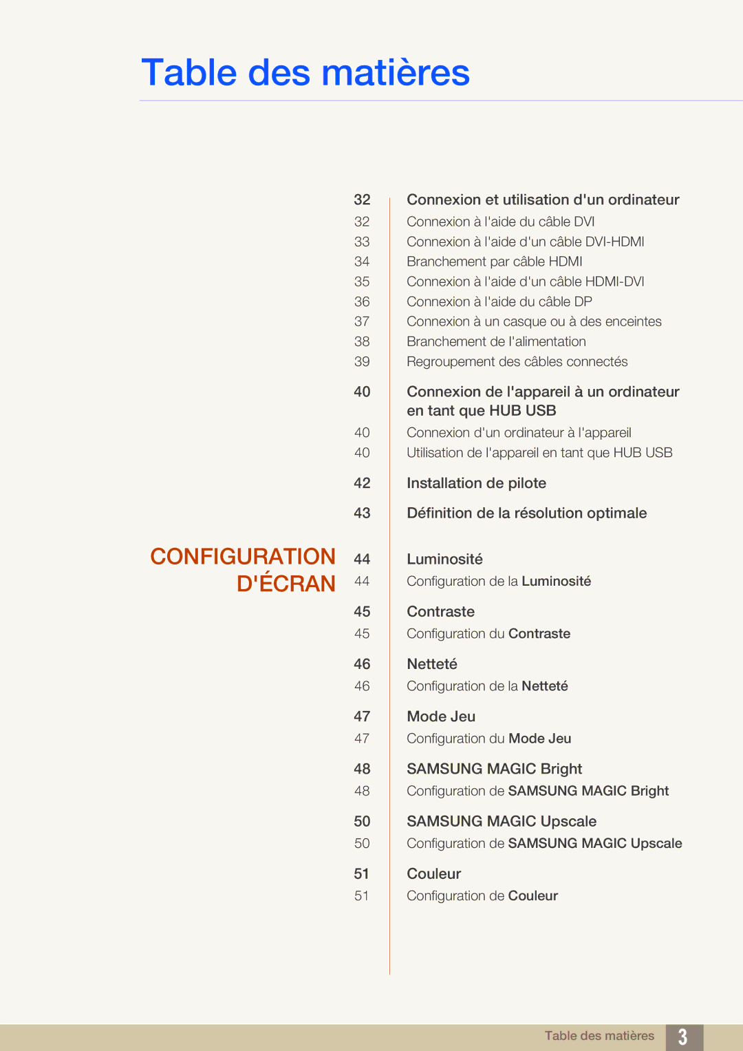 Samsung LS27D85KTSN/EN, LS32D85KTSR/EN, LS32D85KTSN/EN manual Configuration Décran 