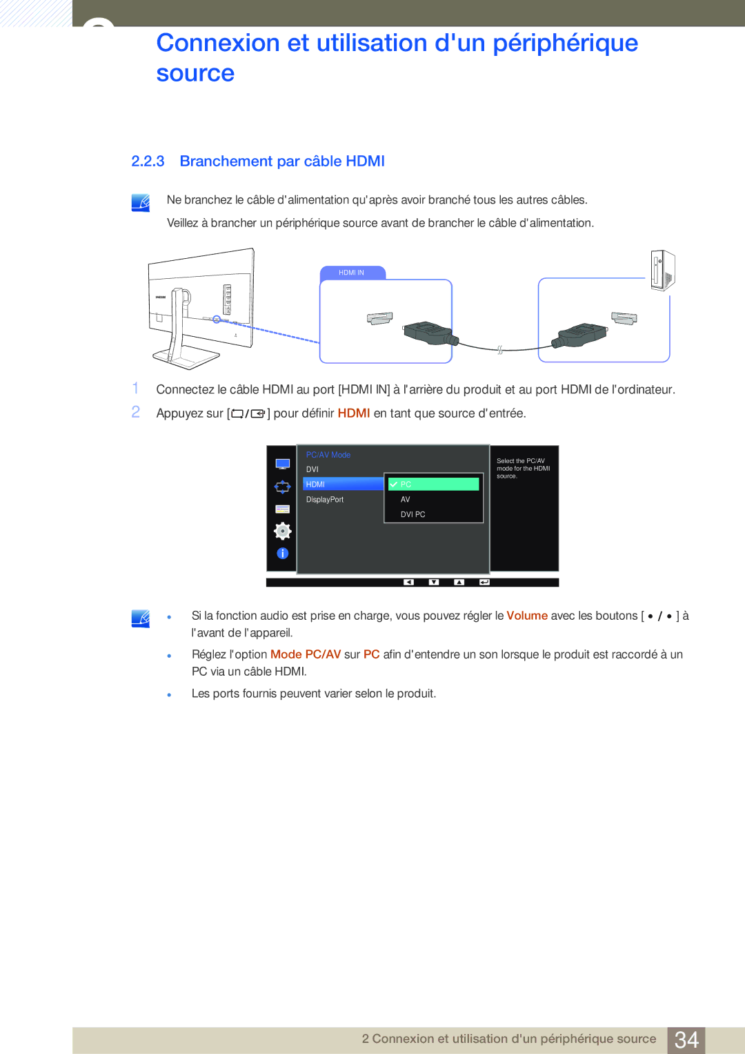 Samsung LS32D85KTSR/EN, LS27D85KTSN/EN, LS32D85KTSN/EN manual Branchement par câble Hdmi 