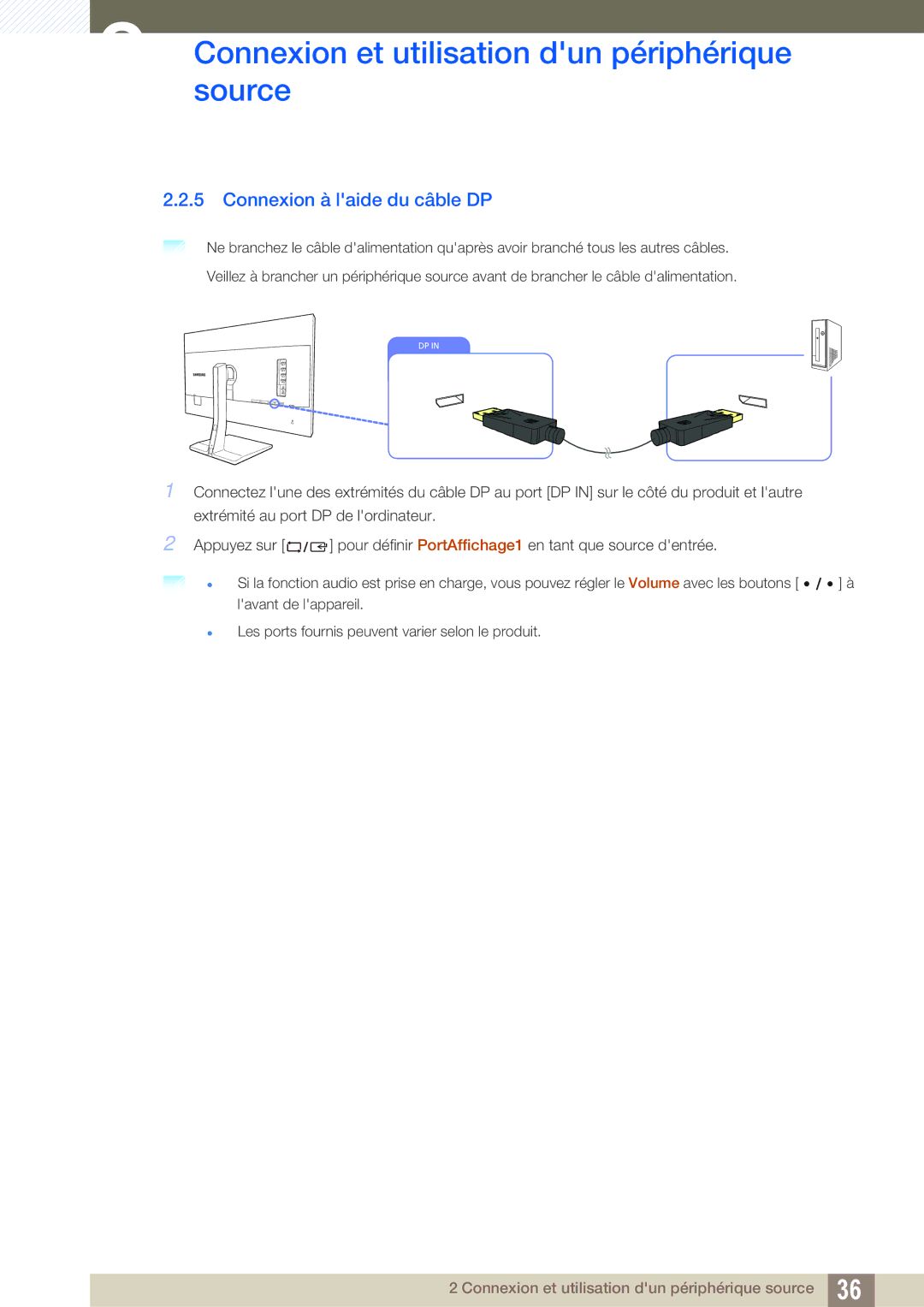 Samsung LS27D85KTSN/EN, LS32D85KTSR/EN, LS32D85KTSN/EN manual Connexion à laide du câble DP 