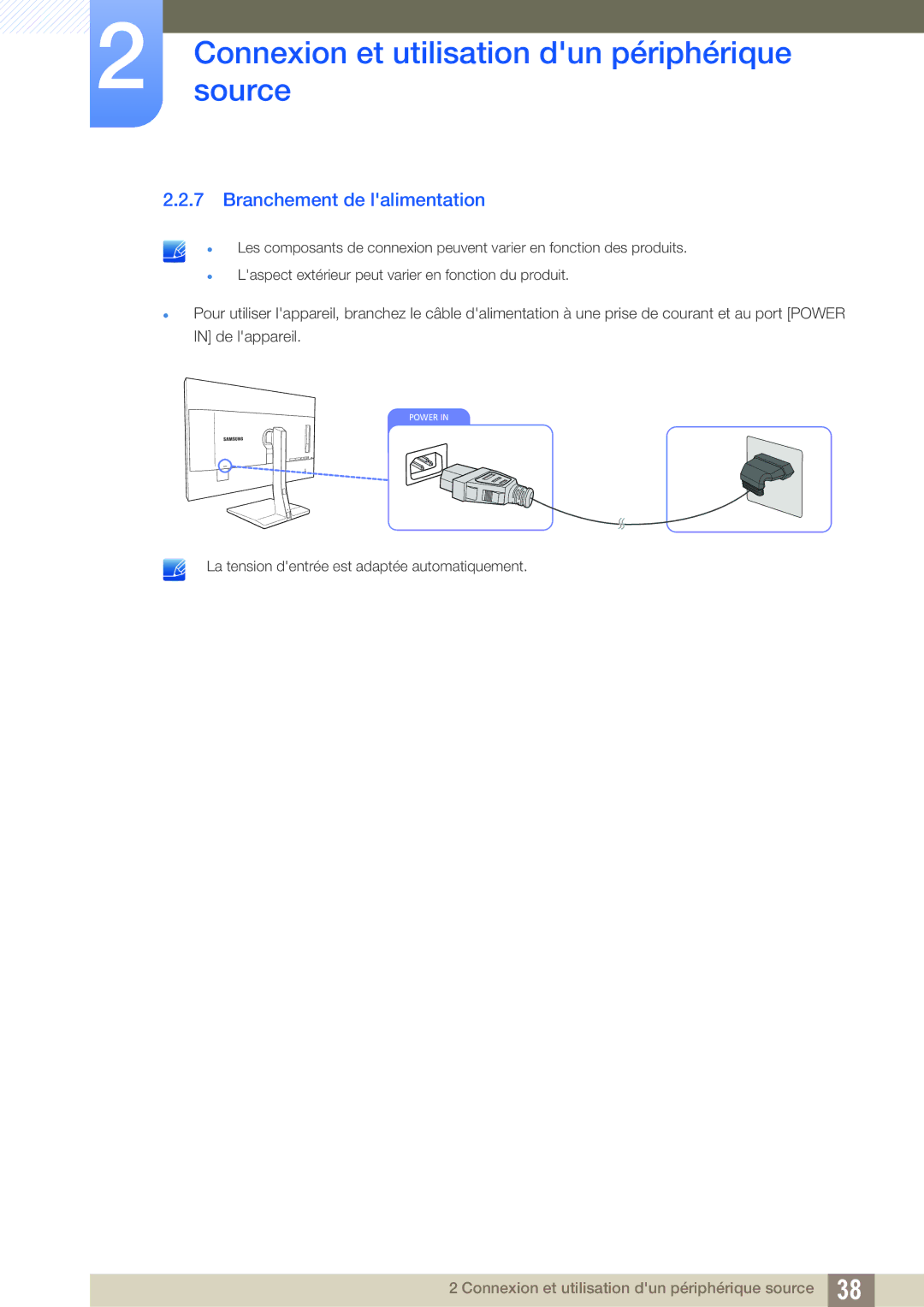 Samsung LS32D85KTSN/EN, LS27D85KTSN/EN, LS32D85KTSR/EN manual Branchement de lalimentation 