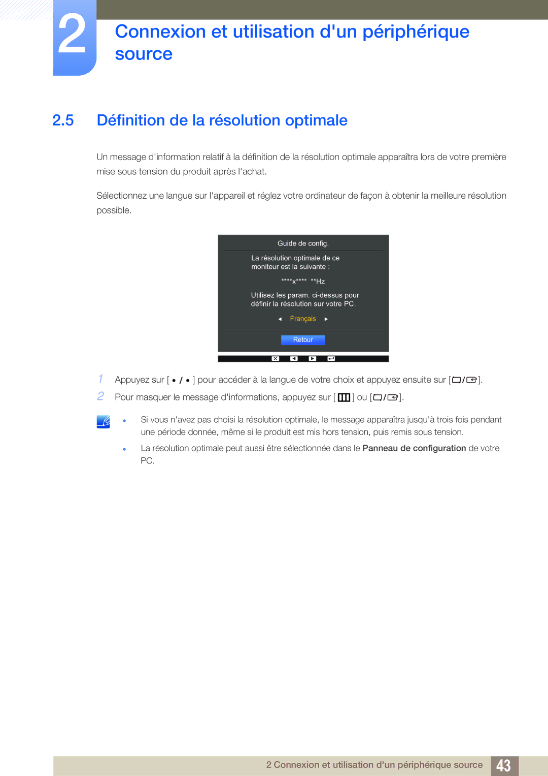 Samsung LS32D85KTSR/EN, LS27D85KTSN/EN, LS32D85KTSN/EN manual Définition de la résolution optimale 