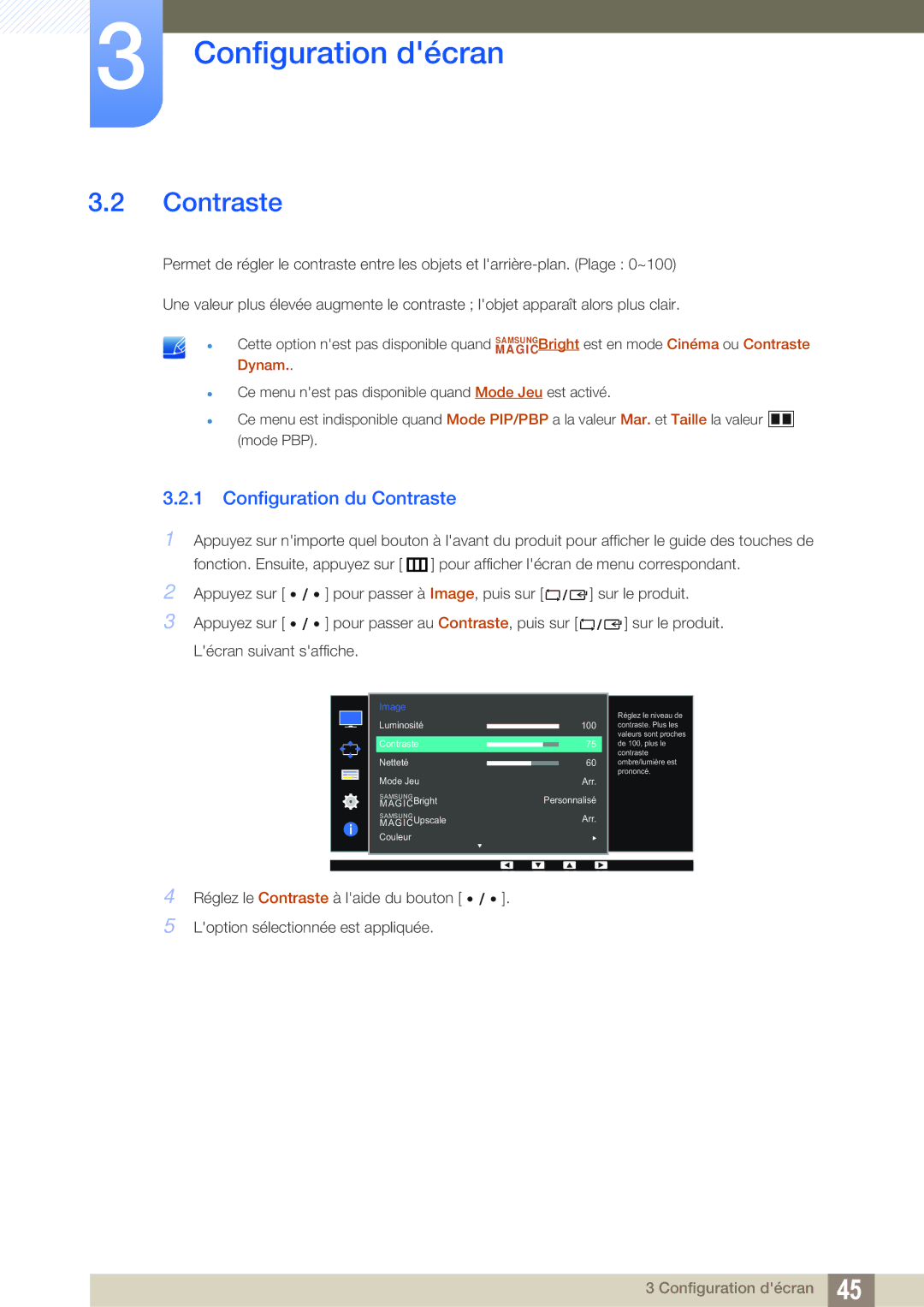 Samsung LS27D85KTSN/EN, LS32D85KTSR/EN, LS32D85KTSN/EN manual Configuration du Contraste, Dynam 